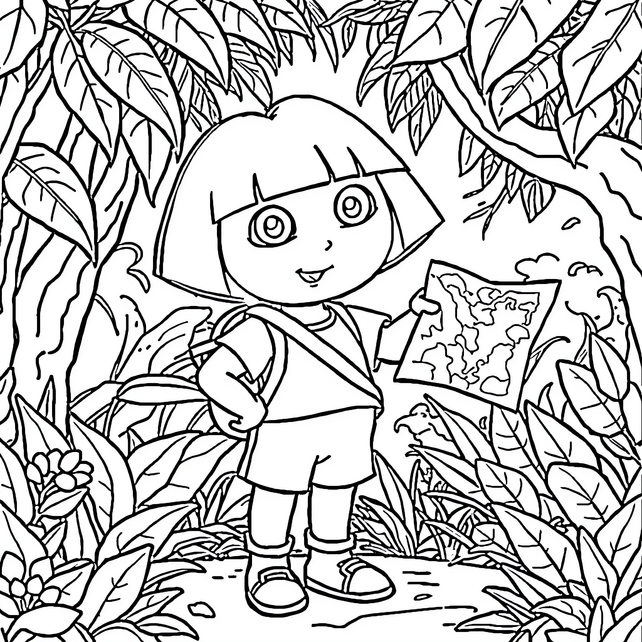 Dora Exploring the Jungle Adventure Coloring Page (free black-and-white line drawing printable PDF for all, from beginners to advanced learners, including children, teens, adults, and seniors)