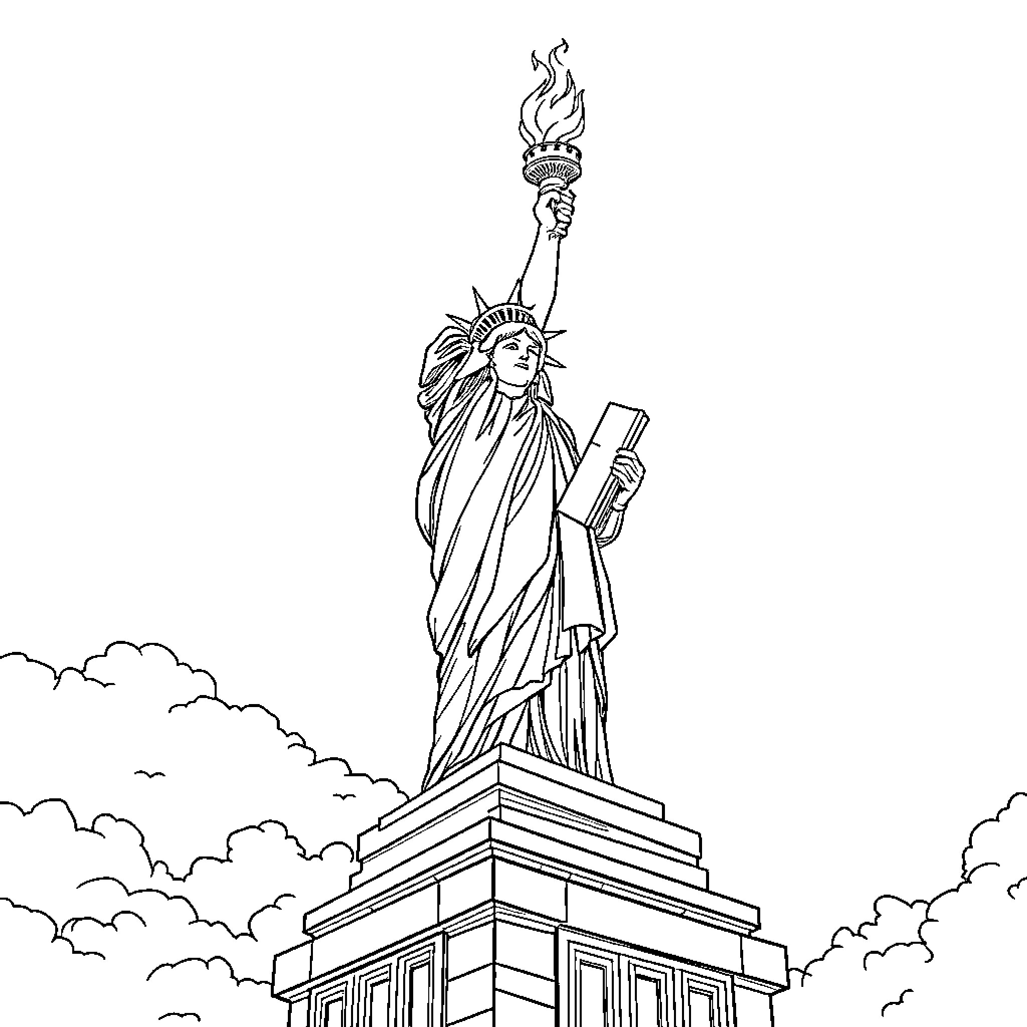 Statue Of Liberty holding torch against cloudy sky Coloring Page (free black-and-white line drawing printable PDF for all, from beginners to advanced learners, including children, teens, adults, and seniors)