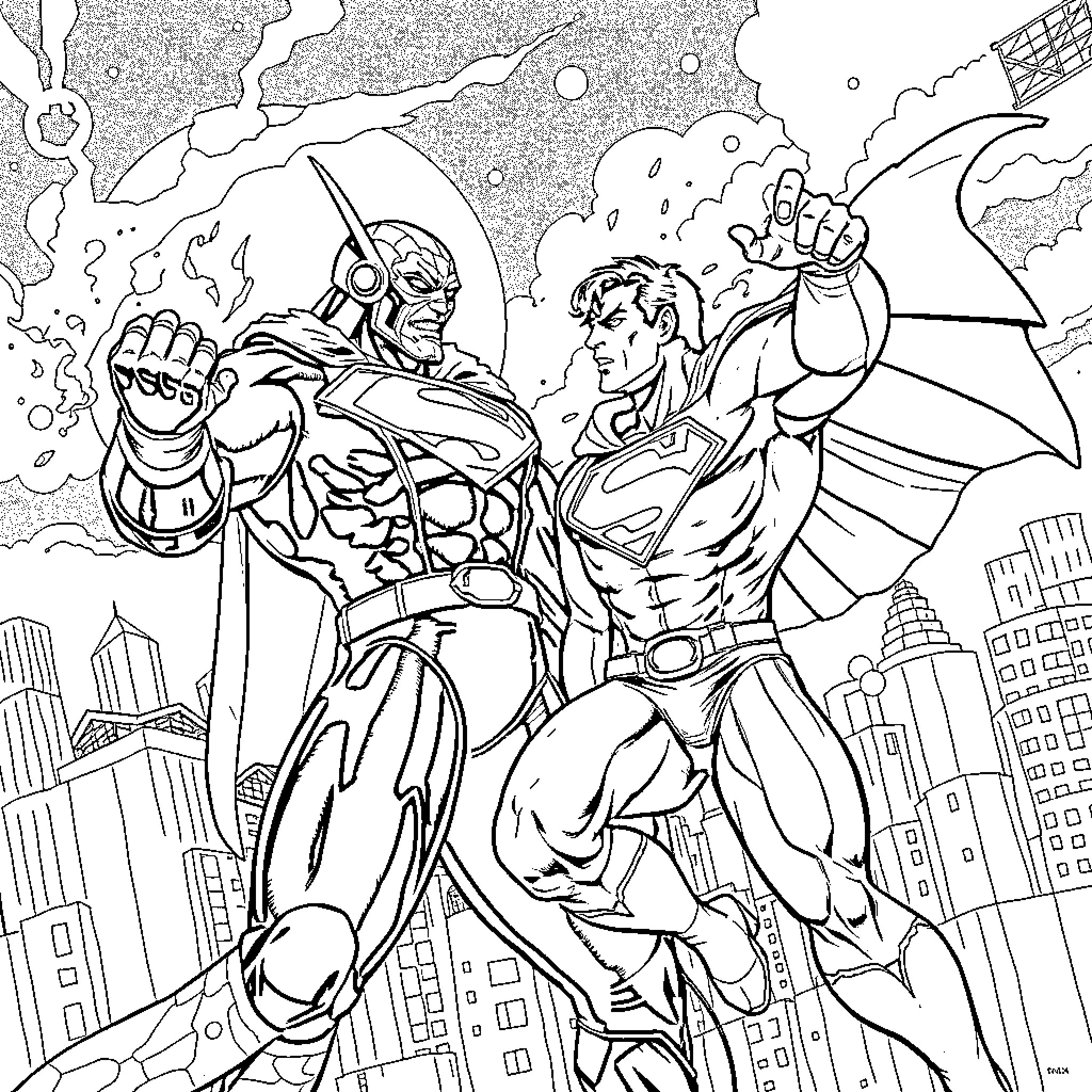 Lobo and Superman fighting in the city Coloring Page (free black-and-white line drawing printable PDF for all, from beginners to advanced learners, including children, teens, adults, and seniors)