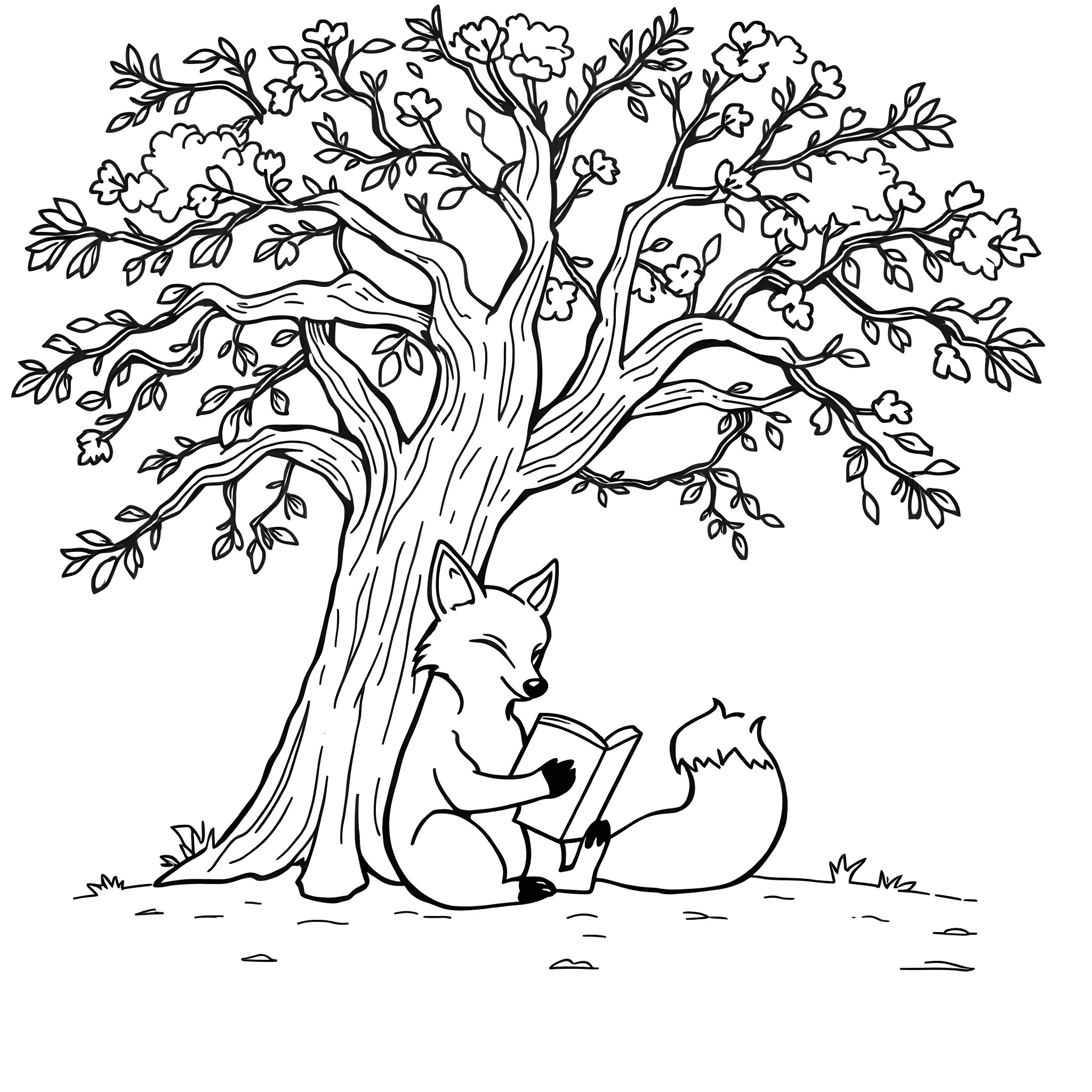 Fox resting under a blooming tree Coloring Page (free black-and-white line drawing printable PDF for all, from beginners to advanced learners, including children, teens, adults, and seniors)