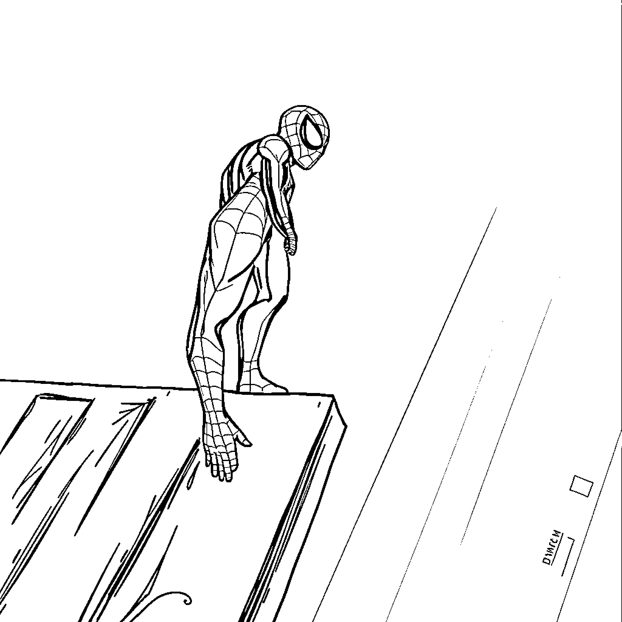 Spider-Man climbing up a building Coloring Page (free black-and-white line drawing printable PDF for all, from beginners to advanced learners, including children, teens, adults, and seniors)