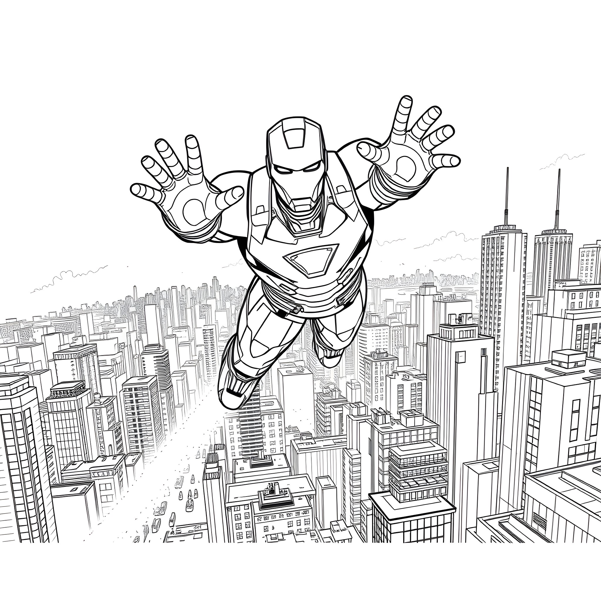 Iron Man soaring heroically over the city skyline Coloring Page (free black-and-white line drawing printable PDF for all, from beginners to advanced learners, including children, teens, adults, and seniors)