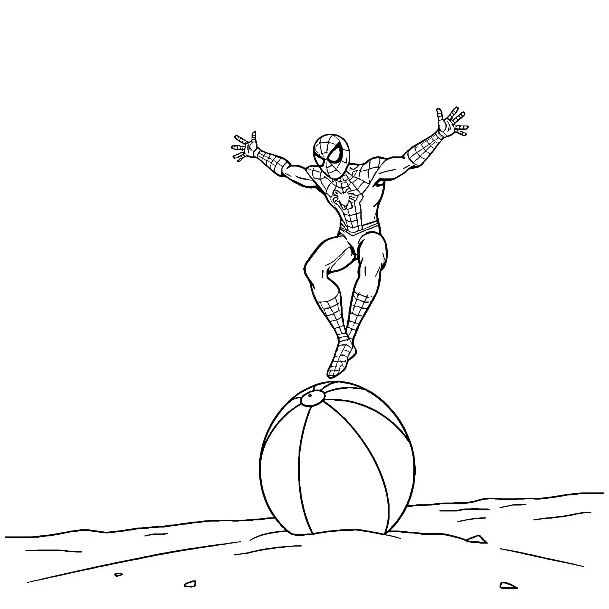 Spiderman balancing on beach ball with outstretched arms Coloring Page (free black-and-white line drawing printable PDF for all, from beginners to advanced learners, including children, teens, adults, and seniors)