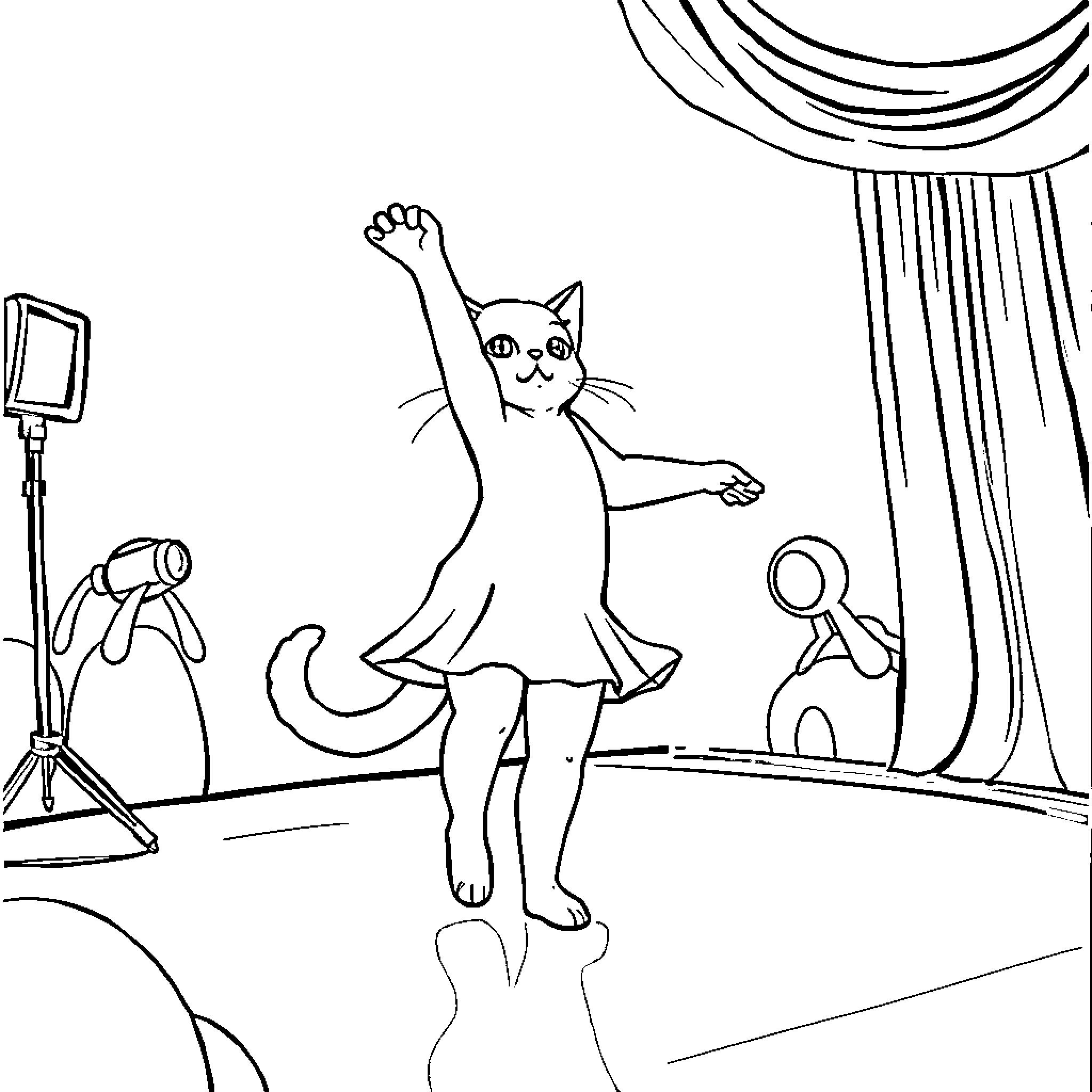 Katseyes performing in the spotlight Coloring Page (free black-and-white line drawing printable PDF for all, from beginners to advanced learners, including children, teens, adults, and seniors)
