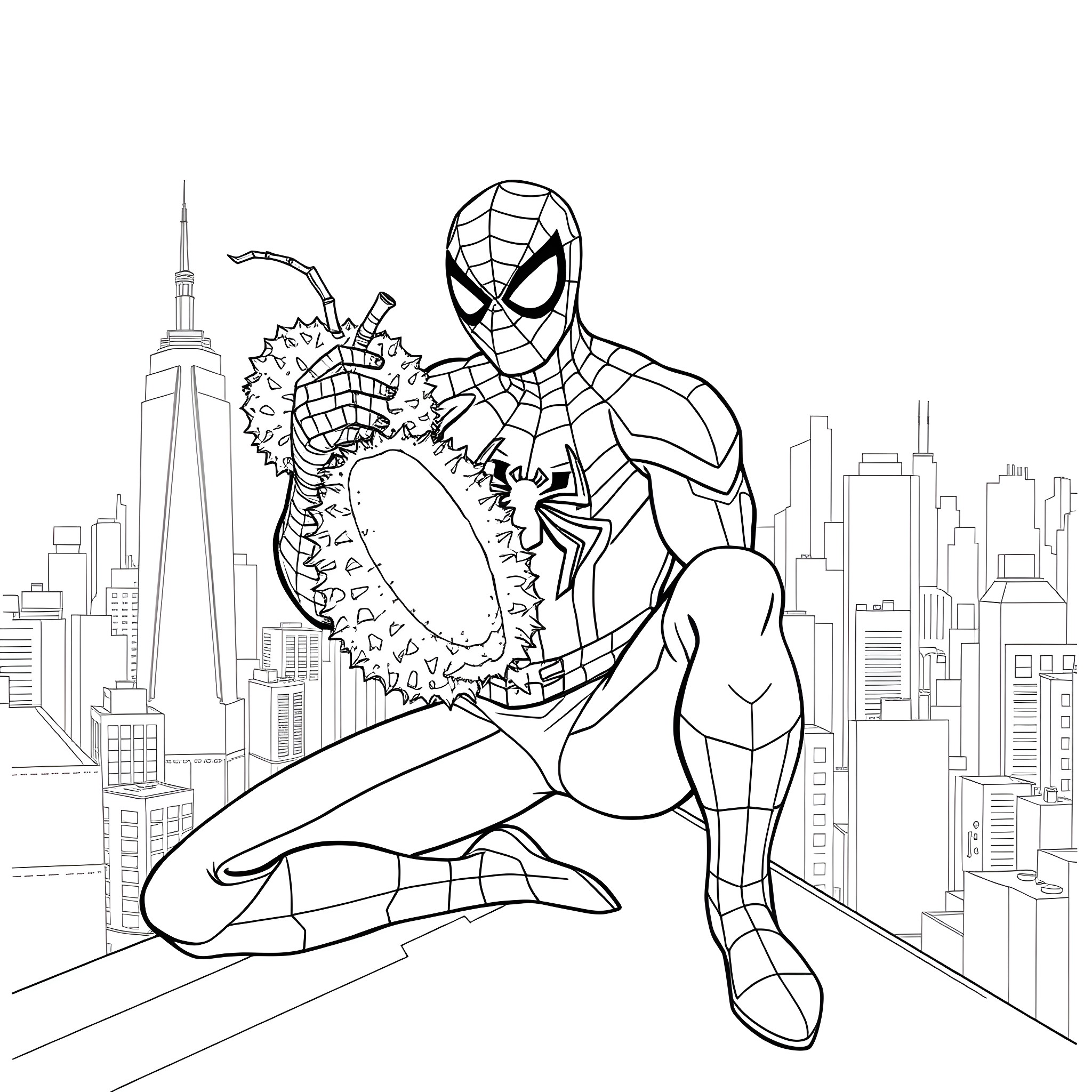 Spider-Man battling a fierce opponent in the city Coloring Page (free black-and-white line drawing printable PDF for all, from beginners to advanced learners, including children, teens, adults, and seniors)