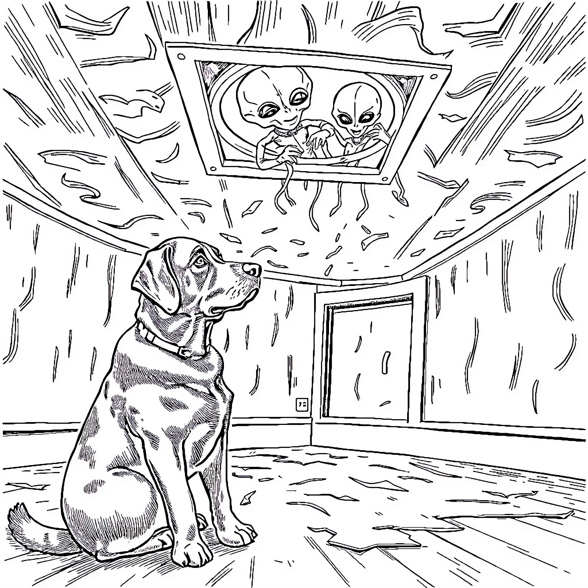 Lab Experiment Observes Alien Beings in Room Coloring Page (free black-and-white line drawing printable PDF for all, from beginners to advanced learners, including children, teens, adults, and seniors)