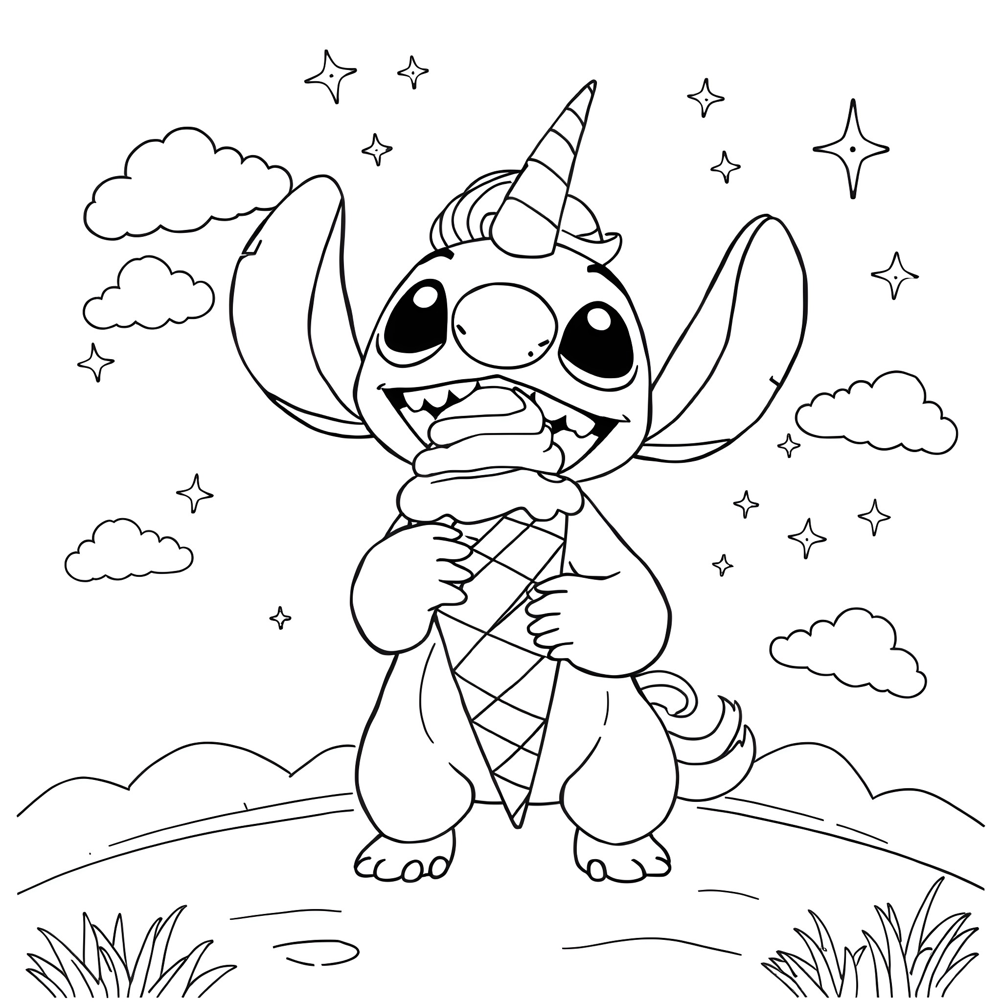 Unicorn Stitch holding an ice cream cone under the starry night sky Coloring Page (free black-and-white line drawing printable PDF for all, from beginners to advanced learners, including children, teens, adults, and seniors)