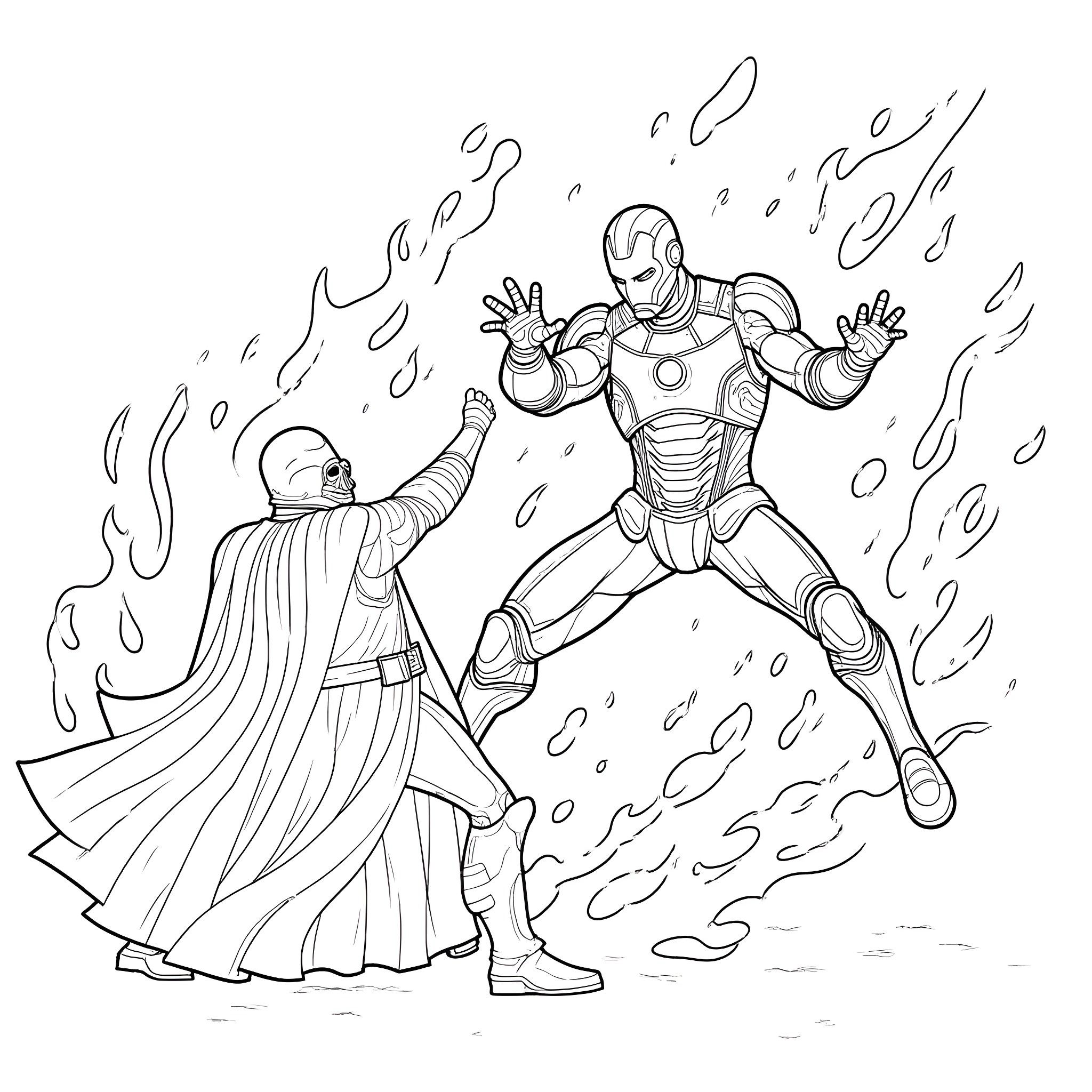 Ironman heroically confronting a powerful foe Coloring Page (free black-and-white line drawing printable PDF for all, from beginners to advanced learners, including children, teens, adults, and seniors)