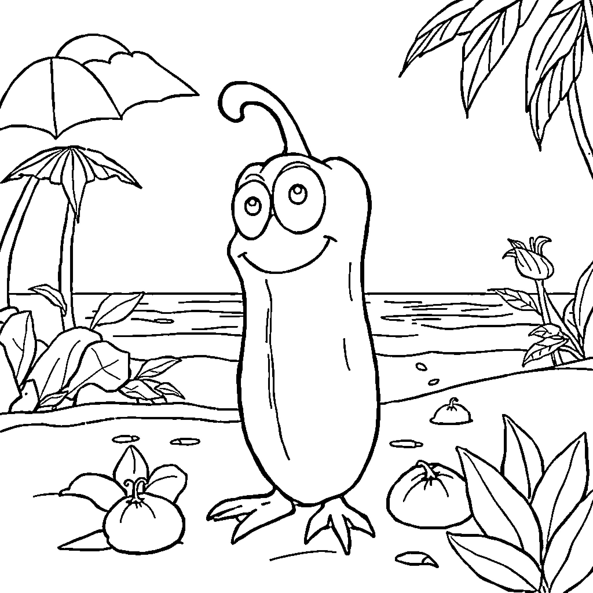 Loro enjoying a sunny day by the beach Coloring Page (free black-and-white line drawing printable PDF for all, from beginners to advanced learners, including children, teens, adults, and seniors)