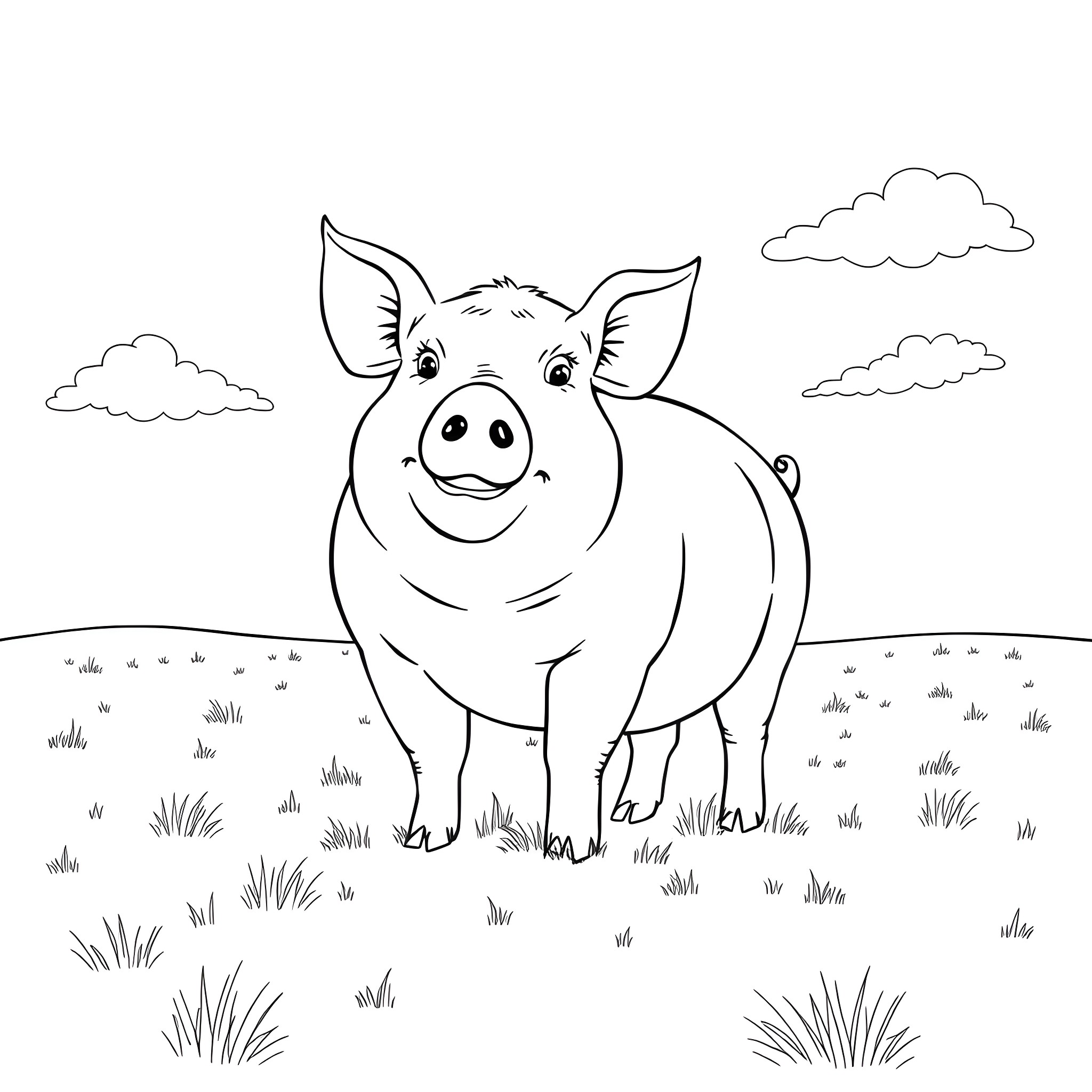Pig enjoying the outdoors in a grassy field Coloring Page (free black-and-white line drawing printable PDF for all, from beginners to advanced learners, including children, teens, adults, and seniors)