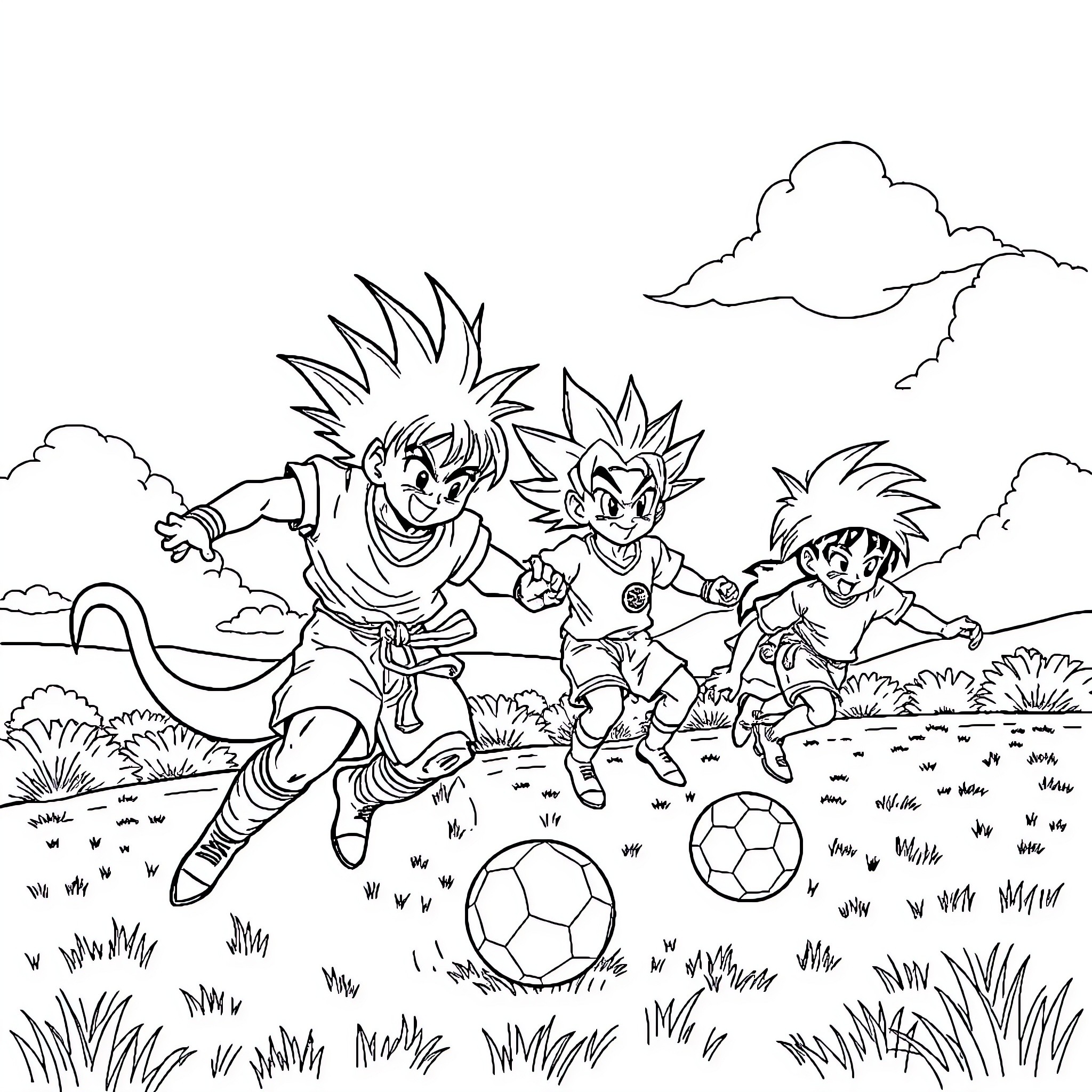 Dragon Ball Characters Playing Soccer in the Field Coloring Page (free black-and-white line drawing printable PDF for all, from beginners to advanced learners, including children, teens, adults, and seniors)