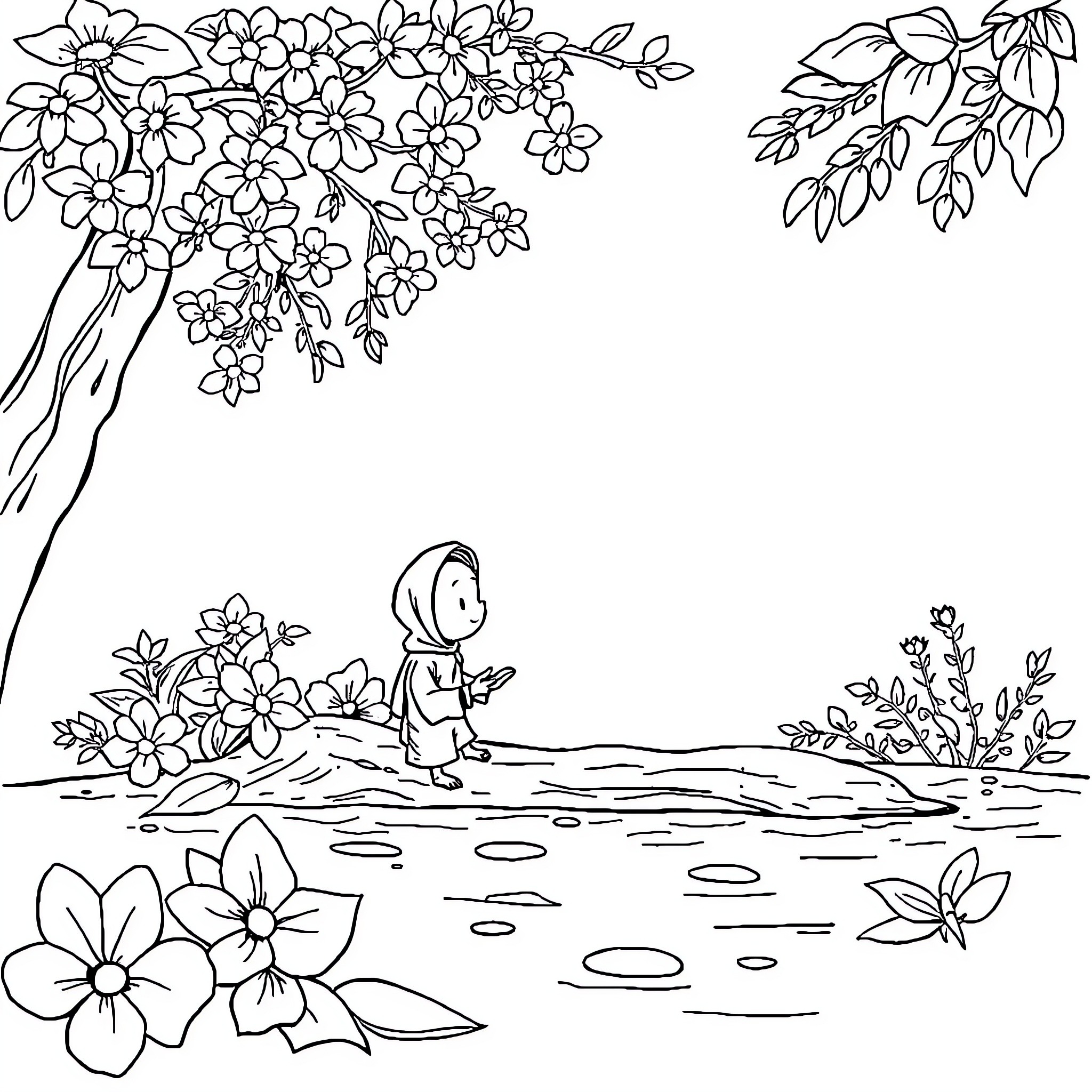 Pemuda exploring nature's floral wonders Coloring Page (free black-and-white line drawing printable PDF for all, from beginners to advanced learners, including children, teens, adults, and seniors)