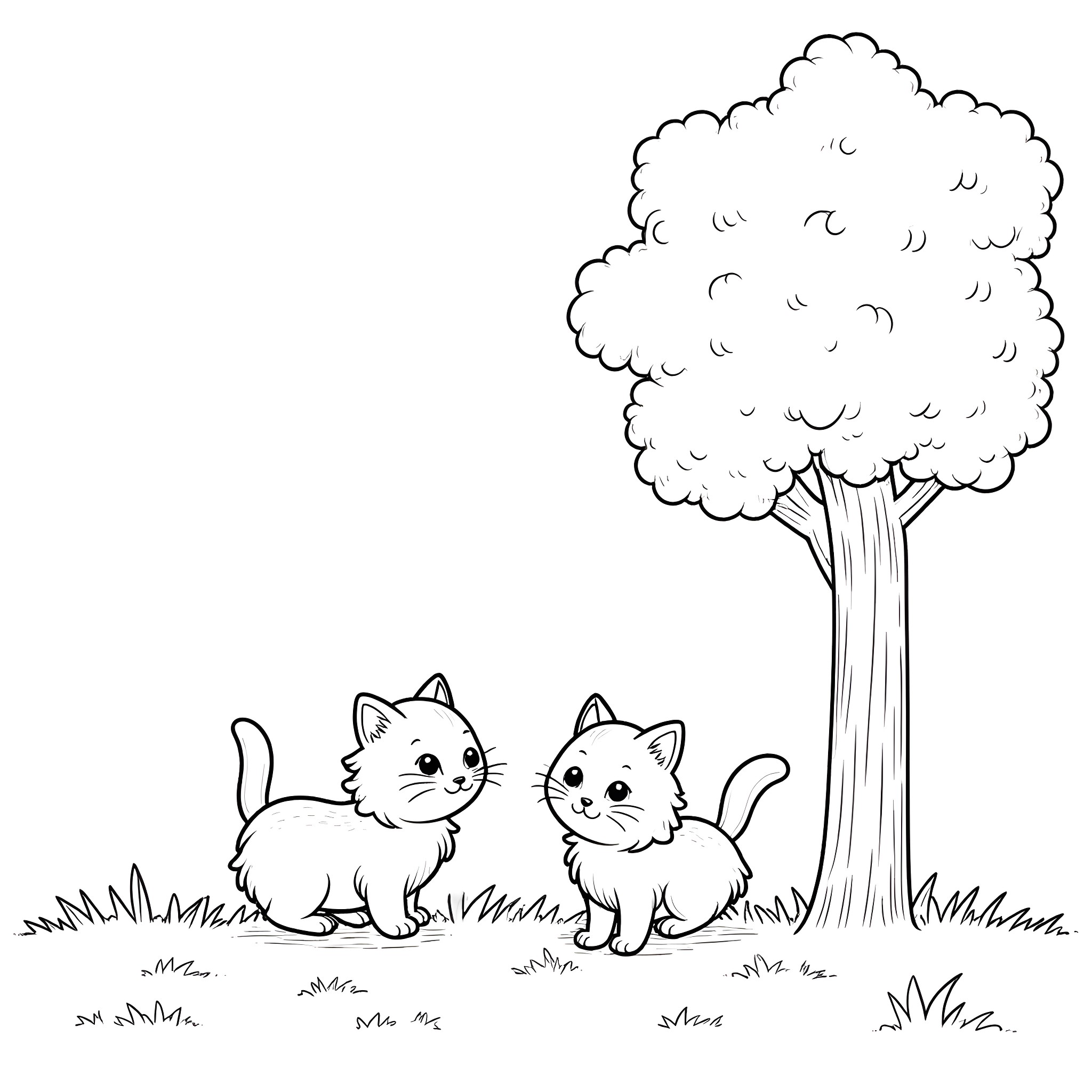 Kitty Kittens Playing in the Park Coloring Page (free black-and-white line drawing printable PDF for all, from beginners to advanced learners, including children, teens, adults, and seniors)