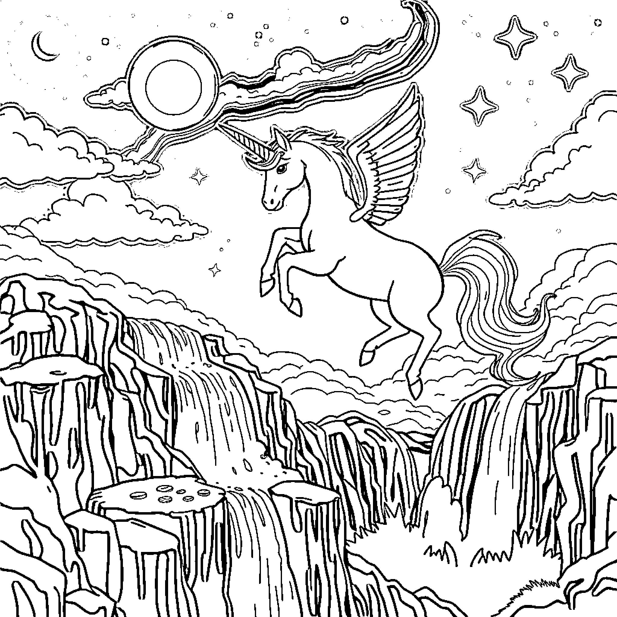 Unicorn soaring through the starry night sky Coloring Page (free black-and-white line drawing printable PDF for all, from beginners to advanced learners, including children, teens, adults, and seniors)