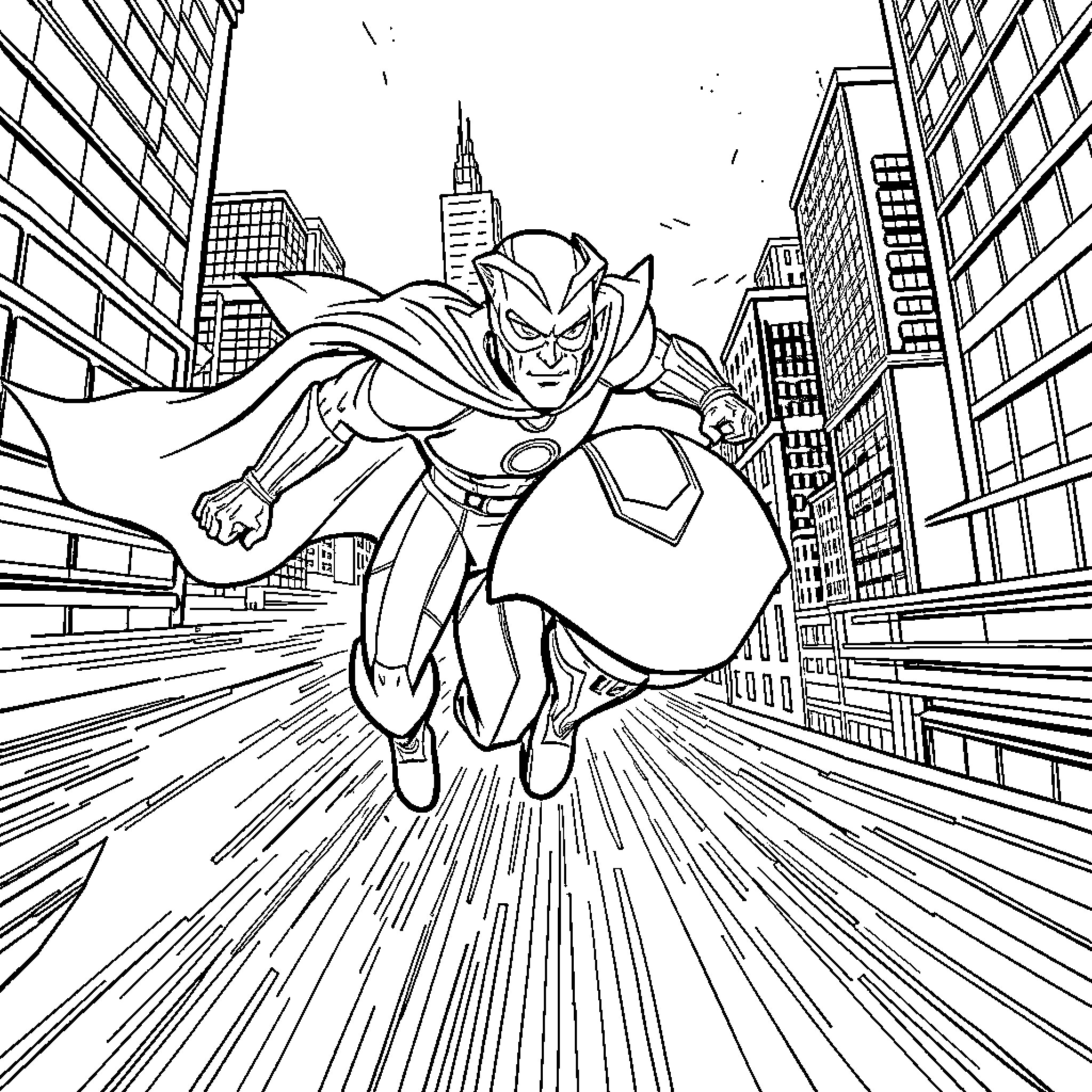 Speeder Man soaring through the city skyline Coloring Page (free black-and-white line drawing printable PDF for all, from beginners to advanced learners, including children, teens, adults, and seniors)