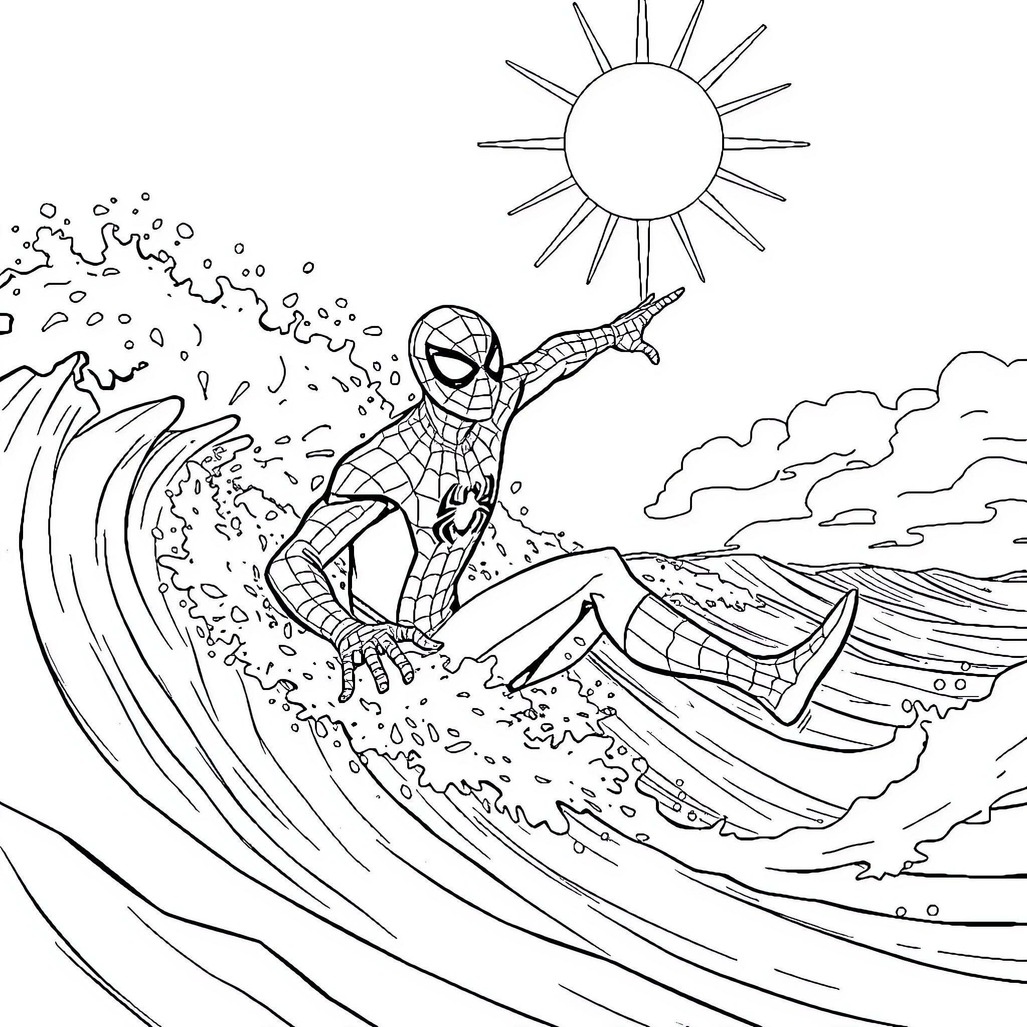 Spiderman surfing a giant wave in the sun Coloring Page (free black-and-white line drawing printable PDF for all, from beginners to advanced learners, including children, teens, adults, and seniors)
