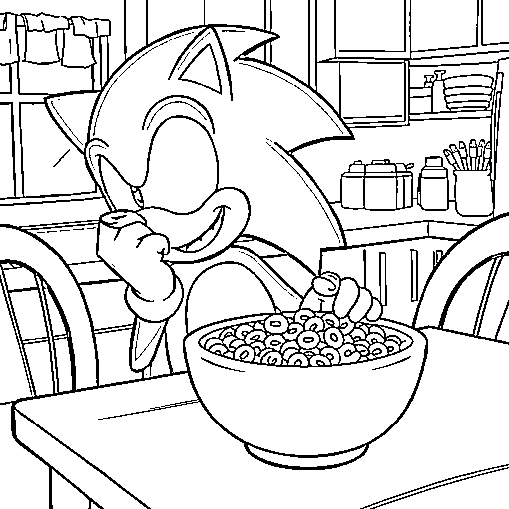 Sonic enjoying a bowl of cereal in the kitchen Coloring Page (free black-and-white line drawing printable PDF for all, from beginners to advanced learners, including children, teens, adults, and seniors)
