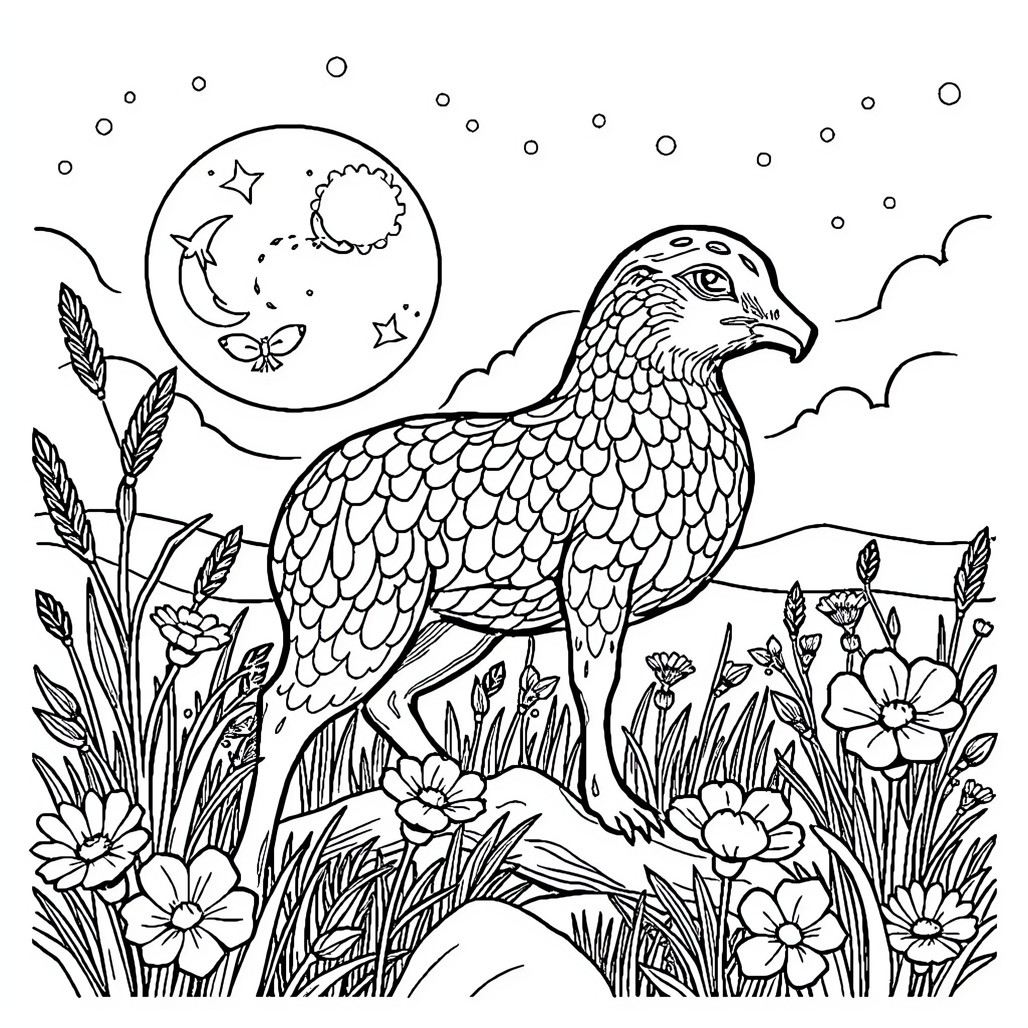 Flower bird resting in a moonlit meadow Coloring Page (free black-and-white line drawing printable PDF for all, from beginners to advanced learners, including children, teens, adults, and seniors)