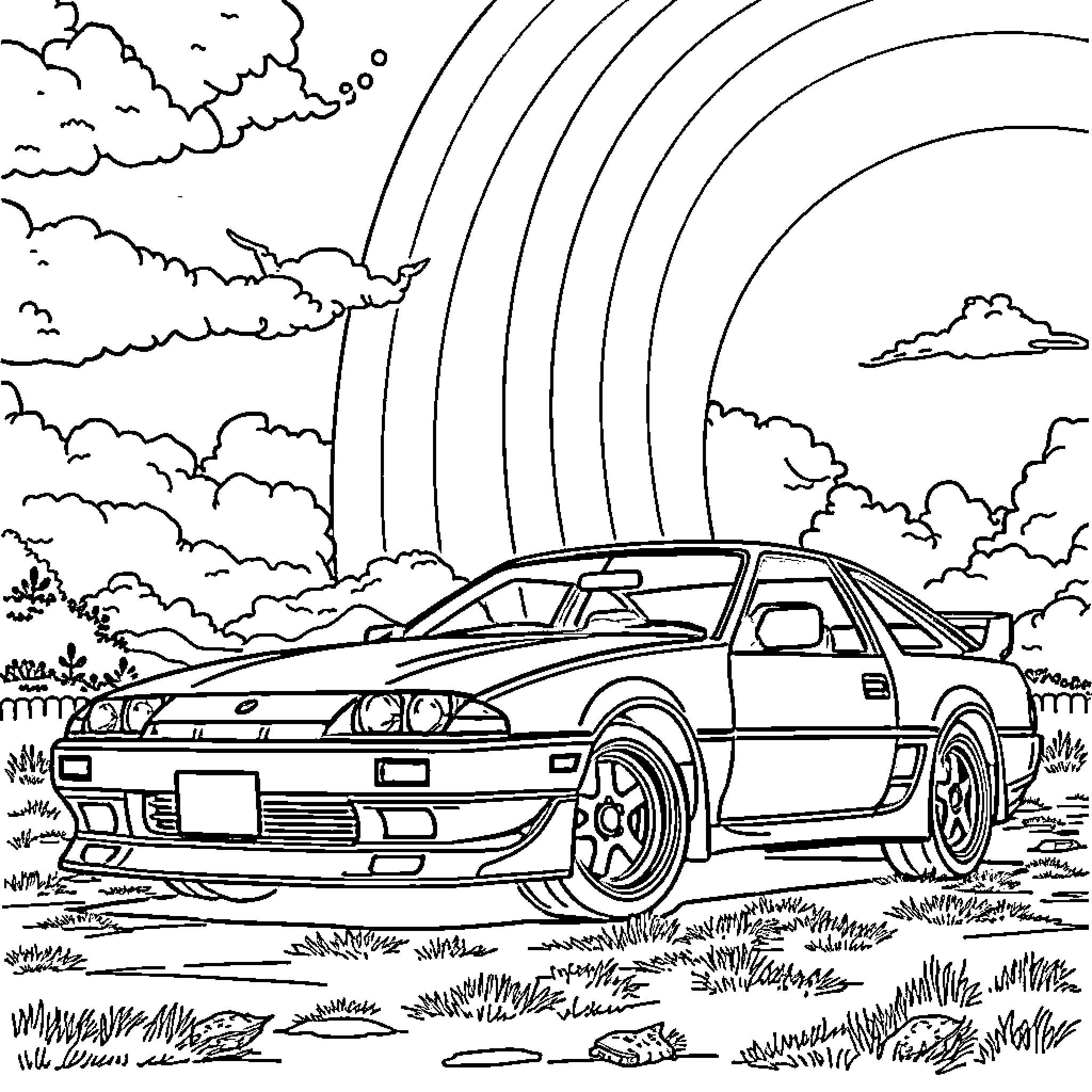 Mk2 Celica Supra racing in the countryside Coloring Page (free black-and-white line drawing printable PDF for all, from beginners to advanced learners, including children, teens, adults, and seniors)