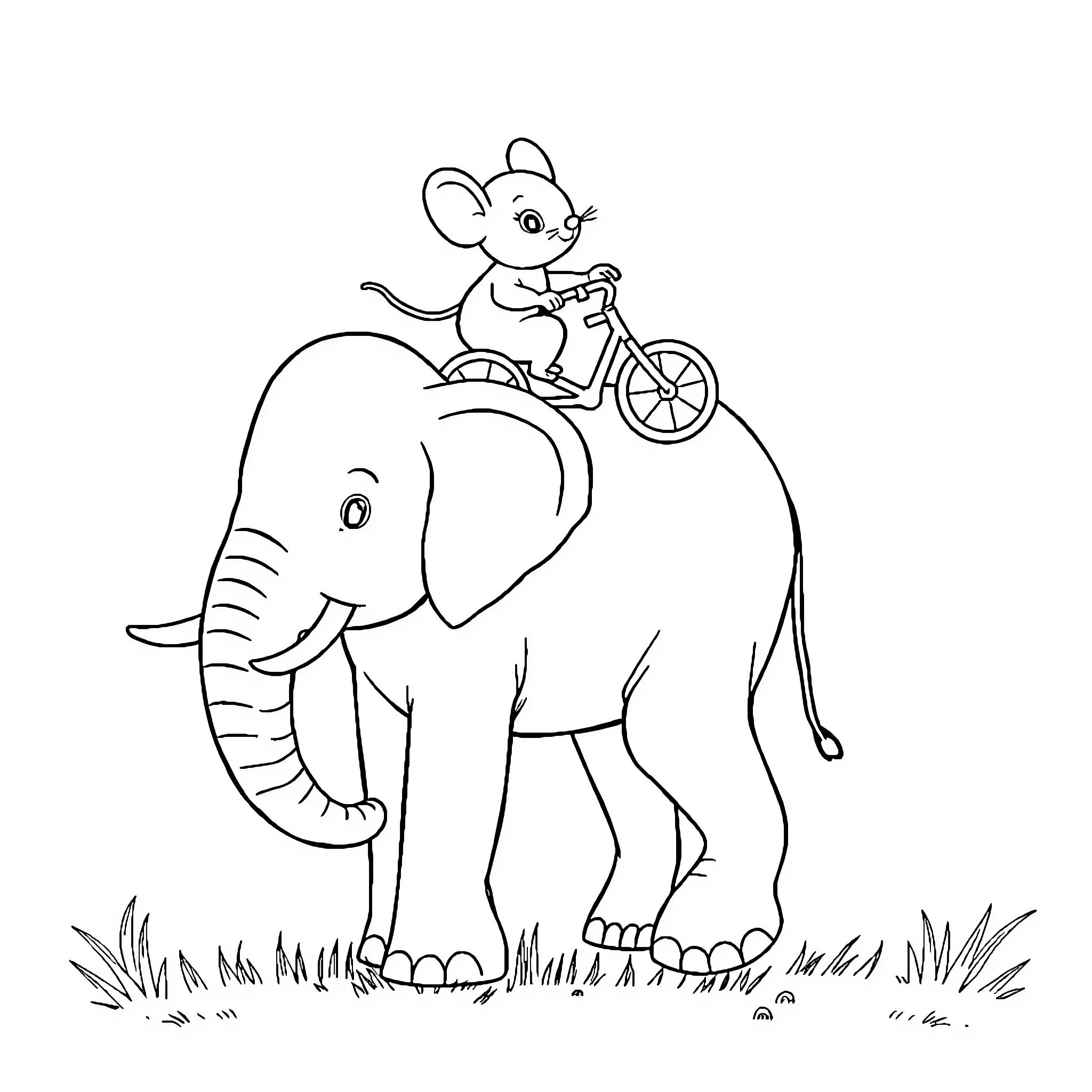 Mouse riding bicycle on elephant Coloring Page (free black-and-white line drawing printable PDF for all, from beginners to advanced learners, including children, teens, adults, and seniors)