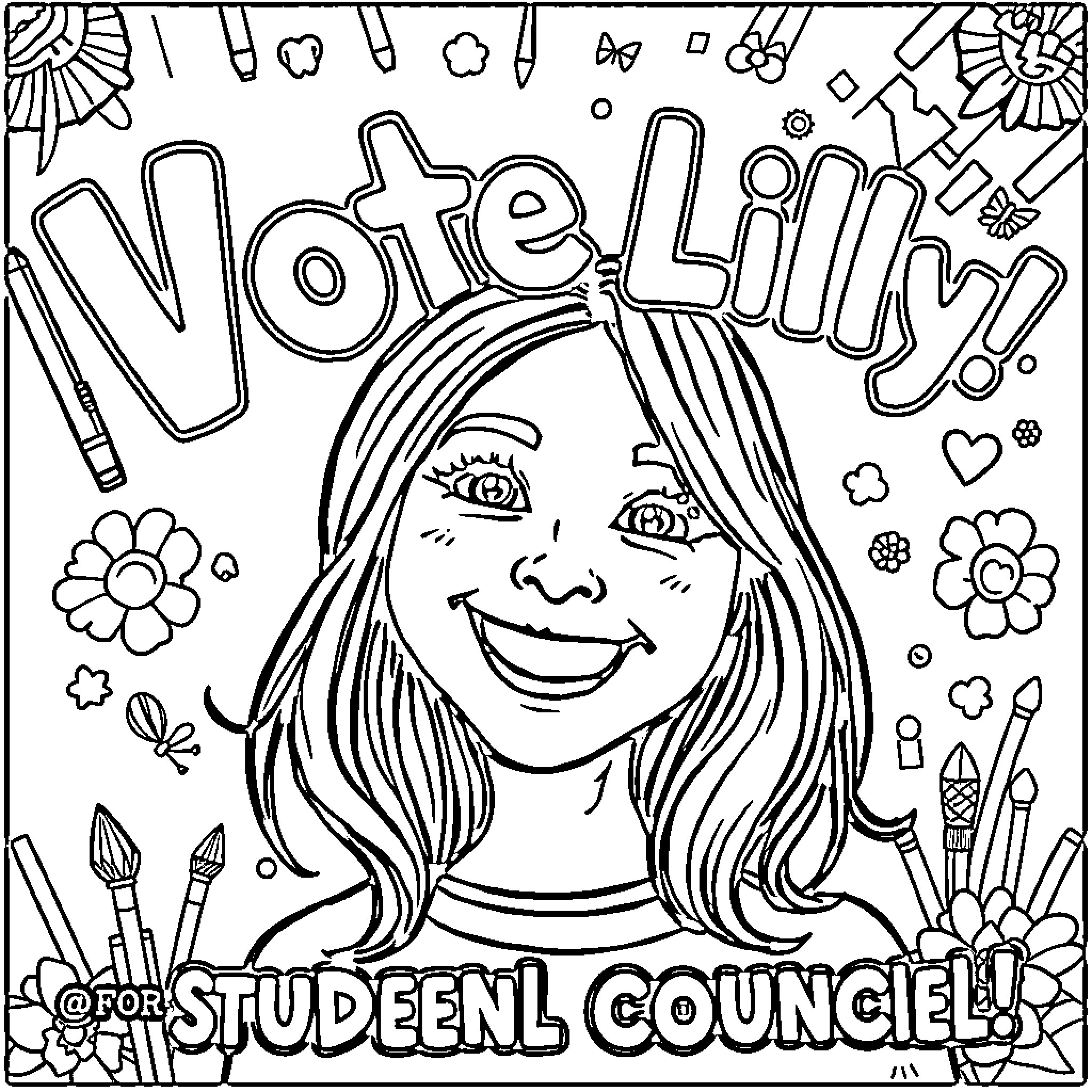 Lilly's Colorful Student Council Campaign Coloring Page (free black-and-white line drawing printable PDF for all, from beginners to advanced learners, including children, teens, adults, and seniors)