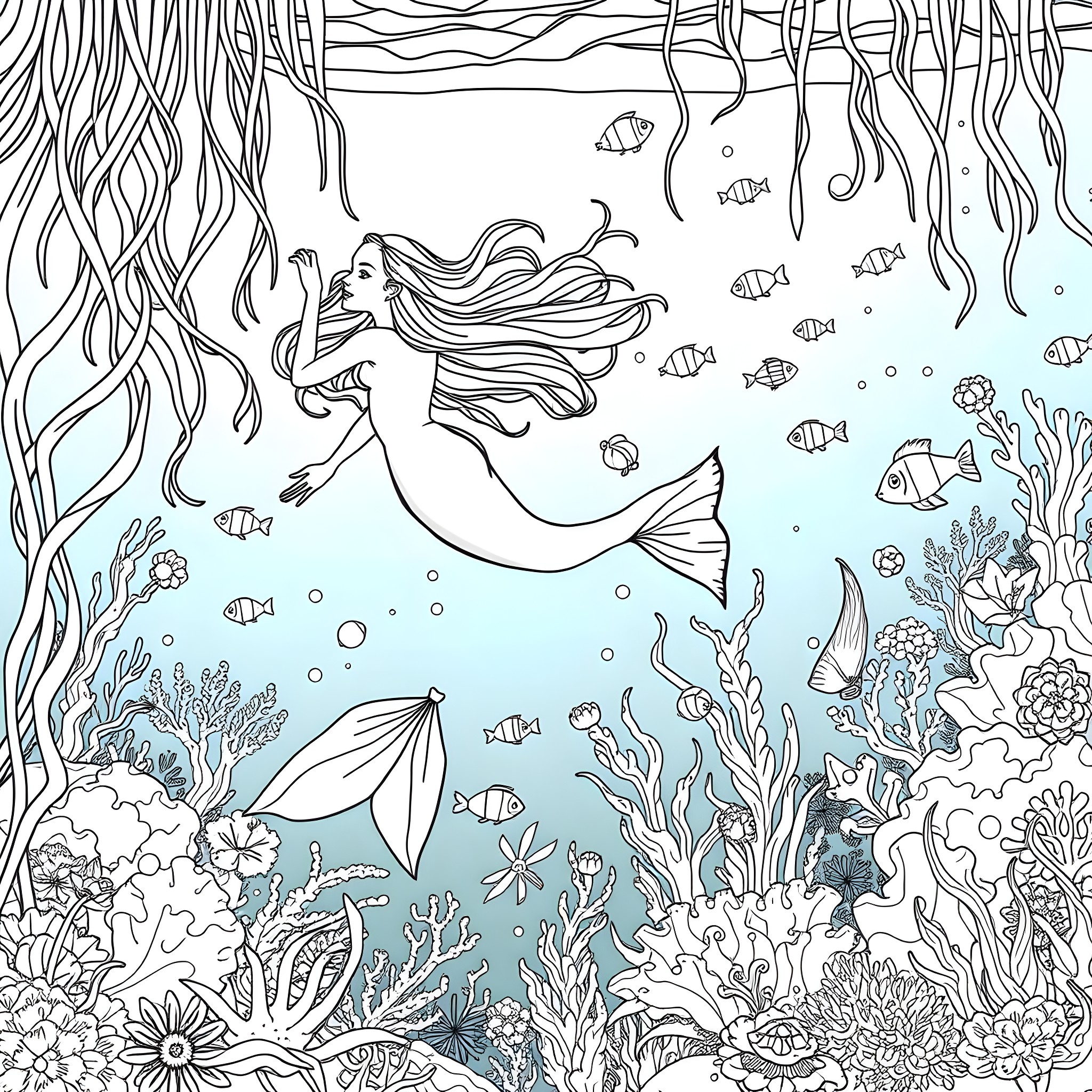 Mermaid swimming gracefully in the underwater paradise Coloring Page (free black-and-white line drawing printable PDF for all, from beginners to advanced learners, including children, teens, adults, and seniors)