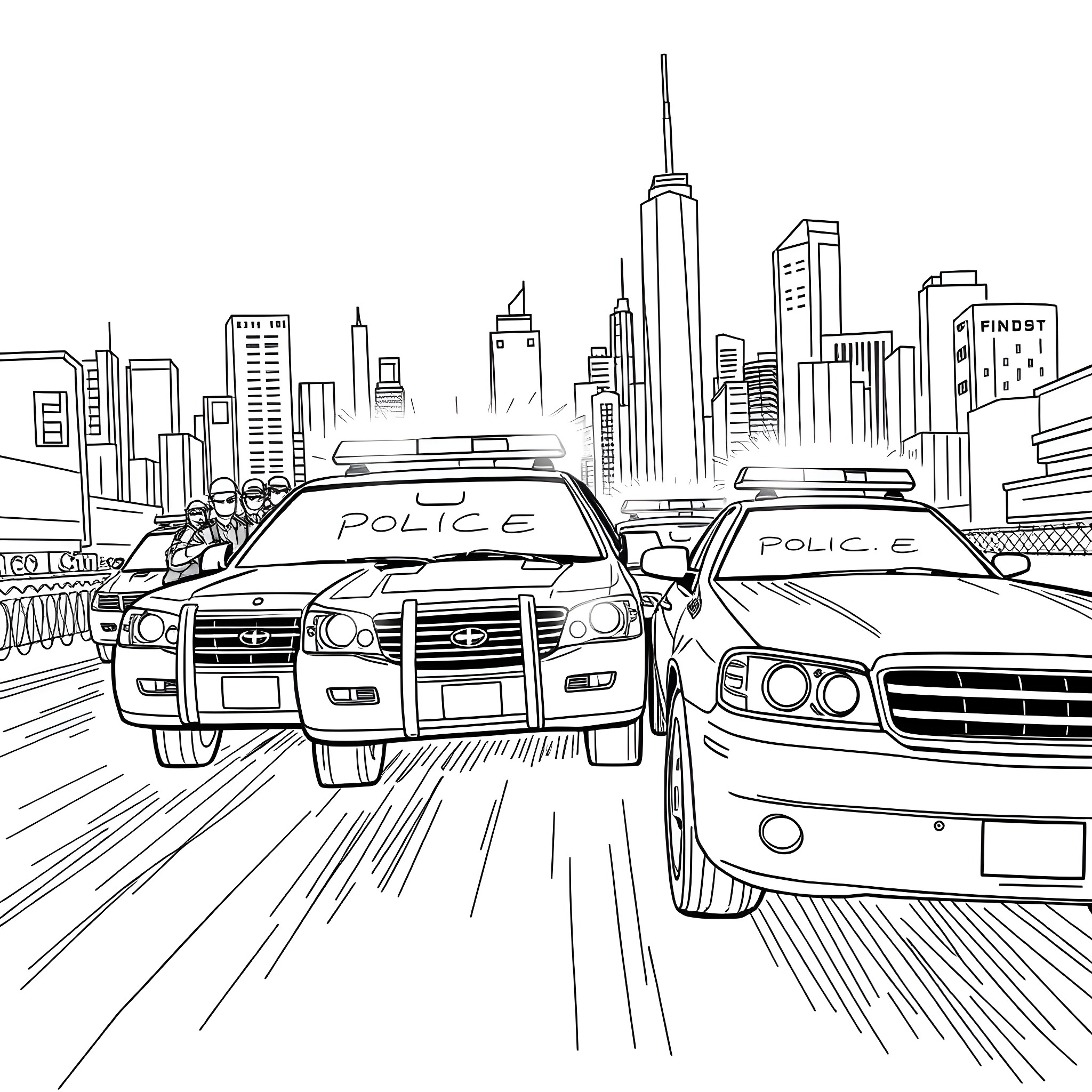 Police Vehicles Responding to Emergency in City Coloring Page (free black-and-white line drawing printable PDF for all, from beginners to advanced learners, including children, teens, adults, and seniors)