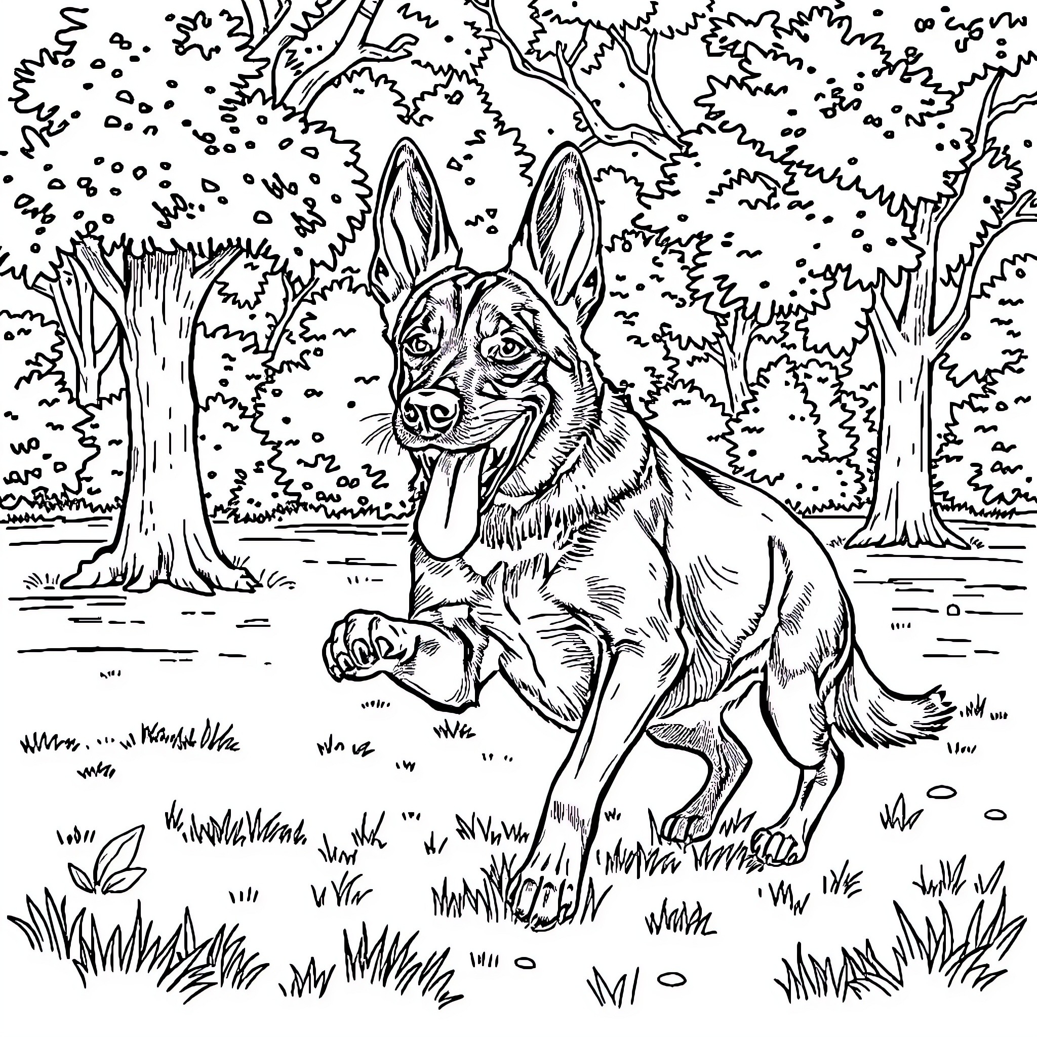 Chien exploring the woodland scenery Coloring Page (free black-and-white line drawing printable PDF for all, from beginners to advanced learners, including children, teens, adults, and seniors)