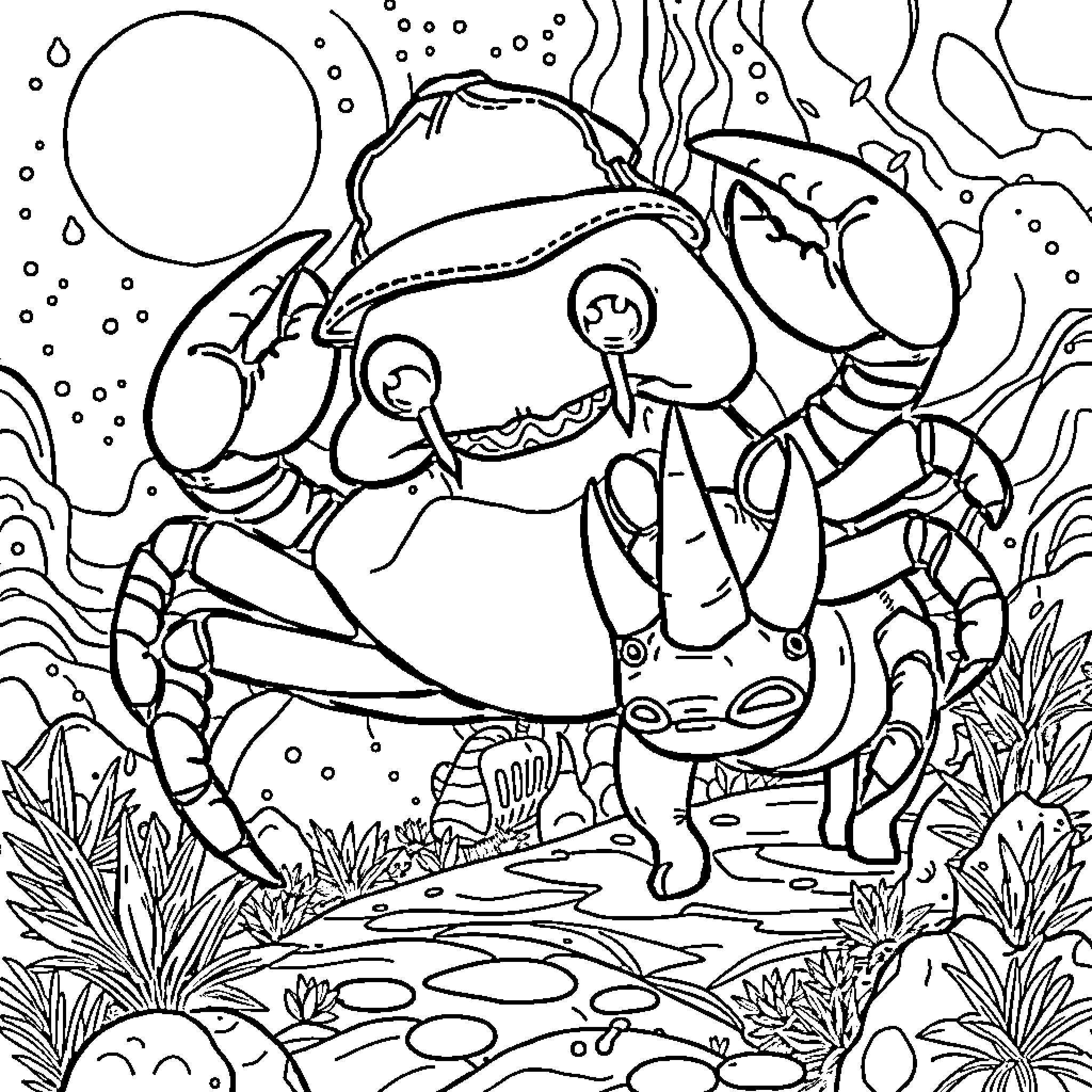 Rhinoceros swimming underwater with marine life Coloring Page (free black-and-white line drawing printable PDF for all, from beginners to advanced learners, including children, teens, adults, and seniors)