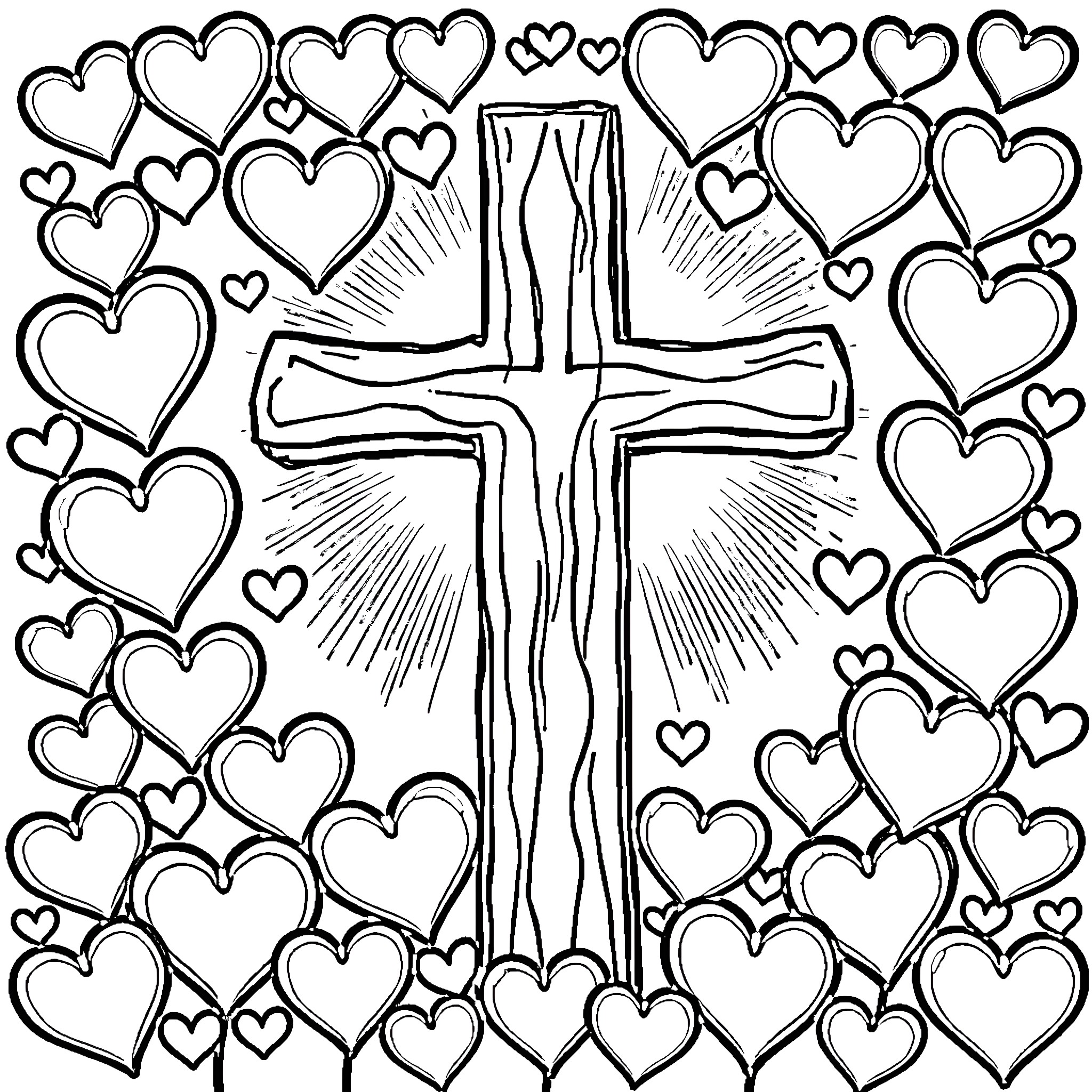 Cross surrounded by hearts and radiance Coloring Page (free black-and-white line drawing printable PDF for all, from beginners to advanced learners, including children, teens, adults, and seniors)