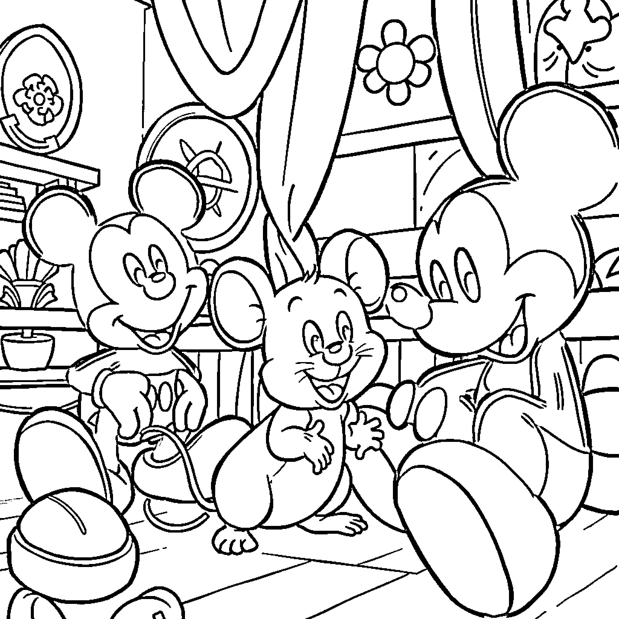 Mouse family exploring whimsical decor Coloring Page (free black-and-white line drawing printable PDF for all, from beginners to advanced learners, including children, teens, adults, and seniors)