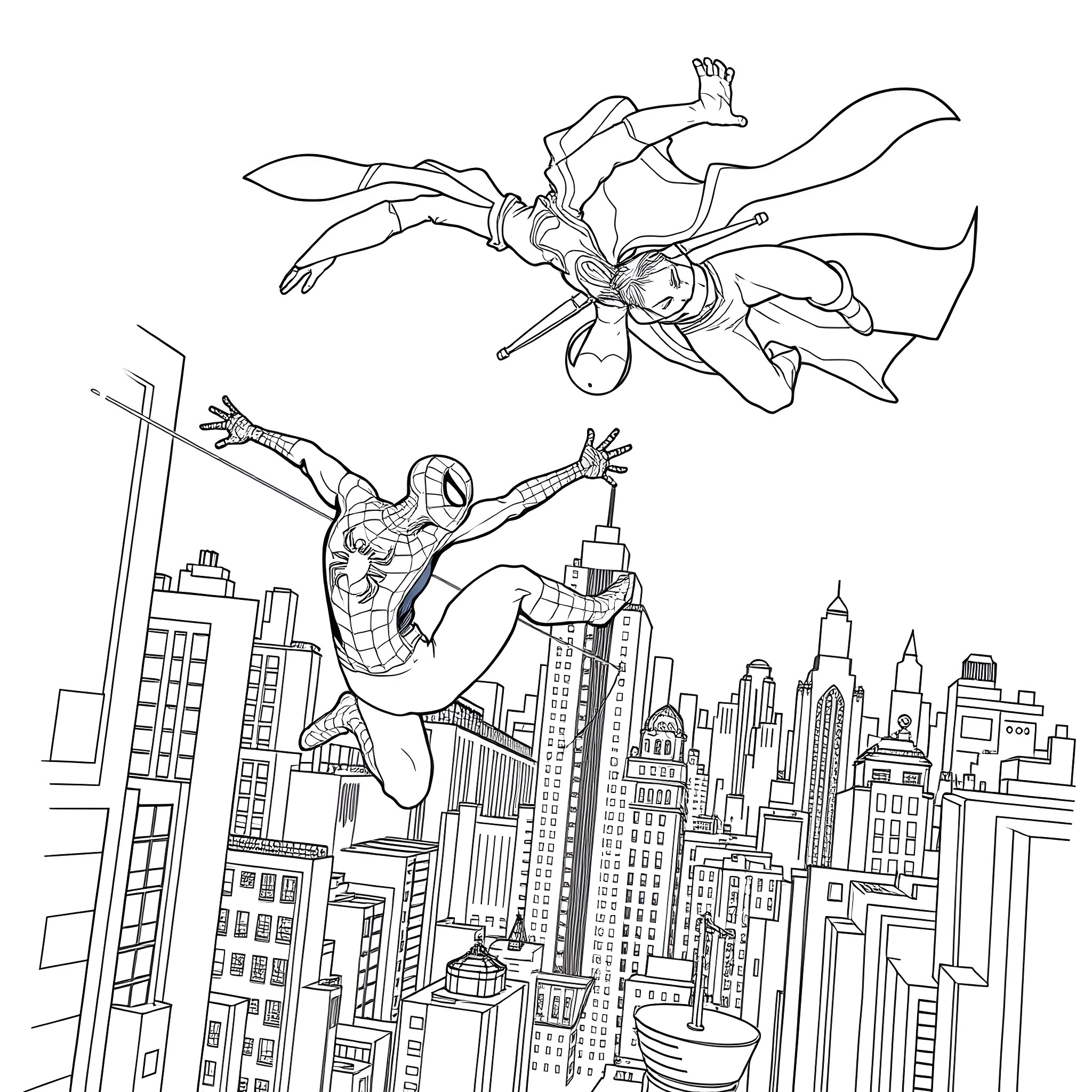 Spider-Man swinging through the city with another hero Coloring Page (free black-and-white line drawing printable PDF for all, from beginners to advanced learners, including children, teens, adults, and seniors)