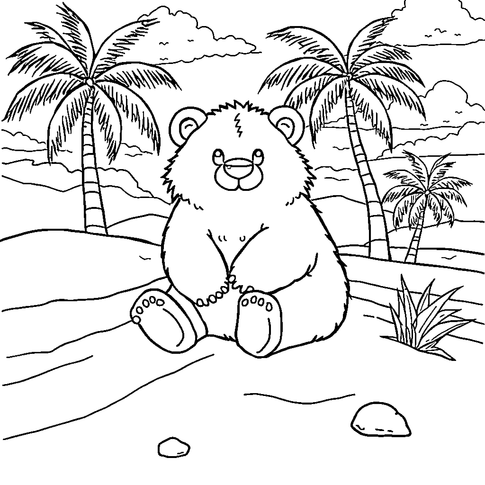 Teddy Bear enjoying tropical beach scenery Coloring Page (free black-and-white line drawing printable PDF for all, from beginners to advanced learners, including children, teens, adults, and seniors)