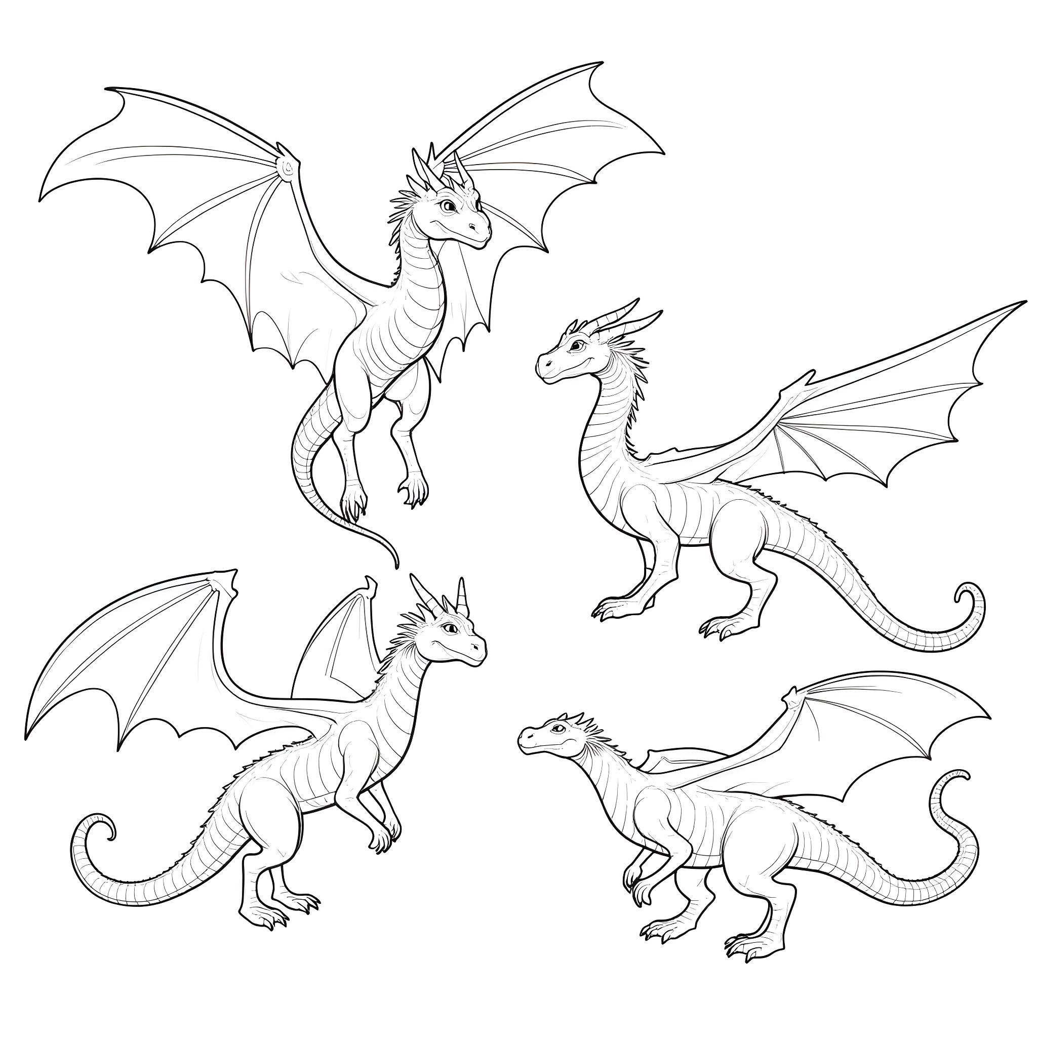 Dragon warriors in various poses and expressions Coloring Page (free black-and-white line drawing printable PDF for all, from beginners to advanced learners, including children, teens, adults, and seniors)