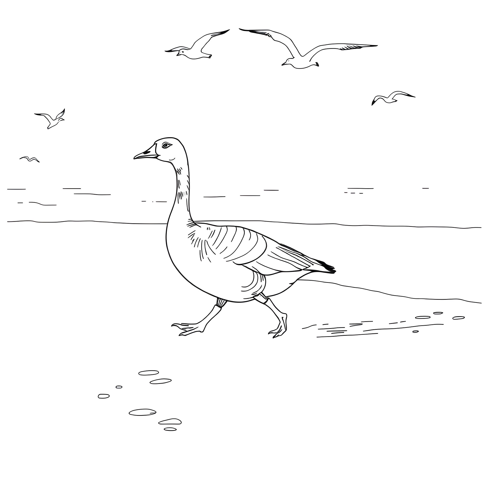 Goose walking by the water with birds in the sky Coloring Page (free black-and-white line drawing printable PDF for all, from beginners to advanced learners, including children, teens, adults, and seniors)