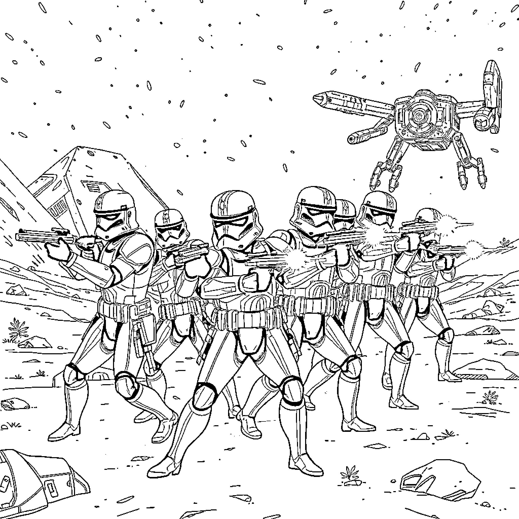 Clone Troopers in Action on the Battlefield Coloring Page (free black-and-white line drawing printable PDF for all, from beginners to advanced learners, including children, teens, adults, and seniors)