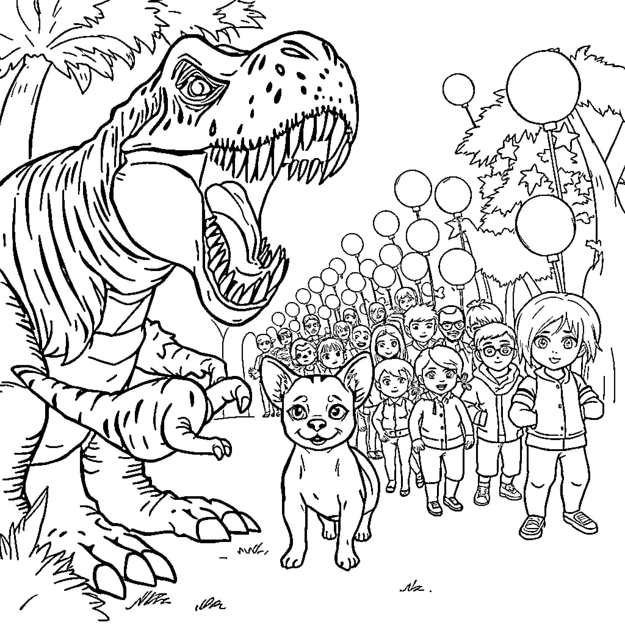 Dinosaur chasing people with group of cartoon characters Coloring Page (free black-and-white line drawing printable PDF for all, from beginners to advanced learners, including children, teens, adults, and seniors)