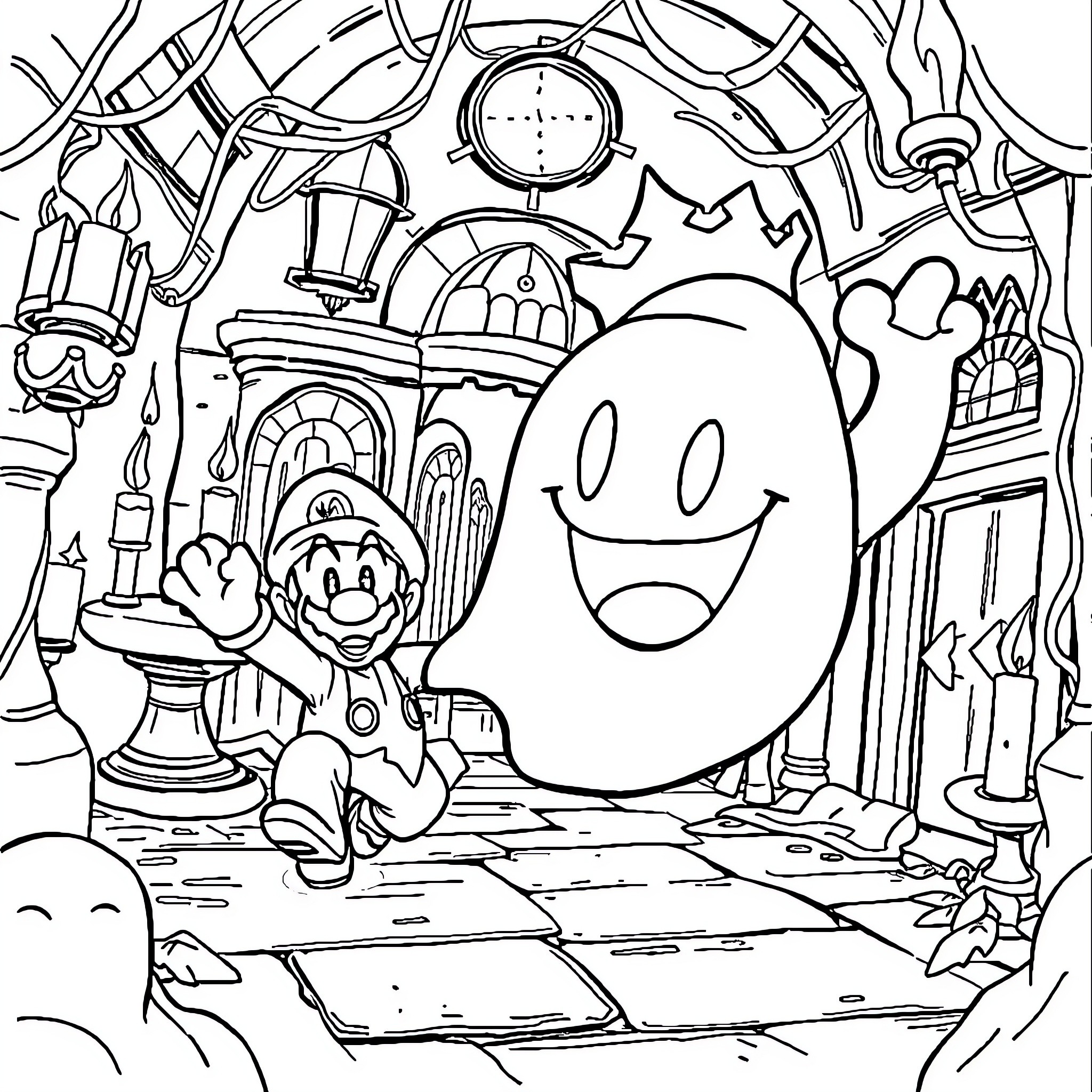 King Boo's Spooky Haunted House Adventure Coloring Page (free black-and-white line drawing printable PDF for all, from beginners to advanced learners, including children, teens, adults, and seniors)