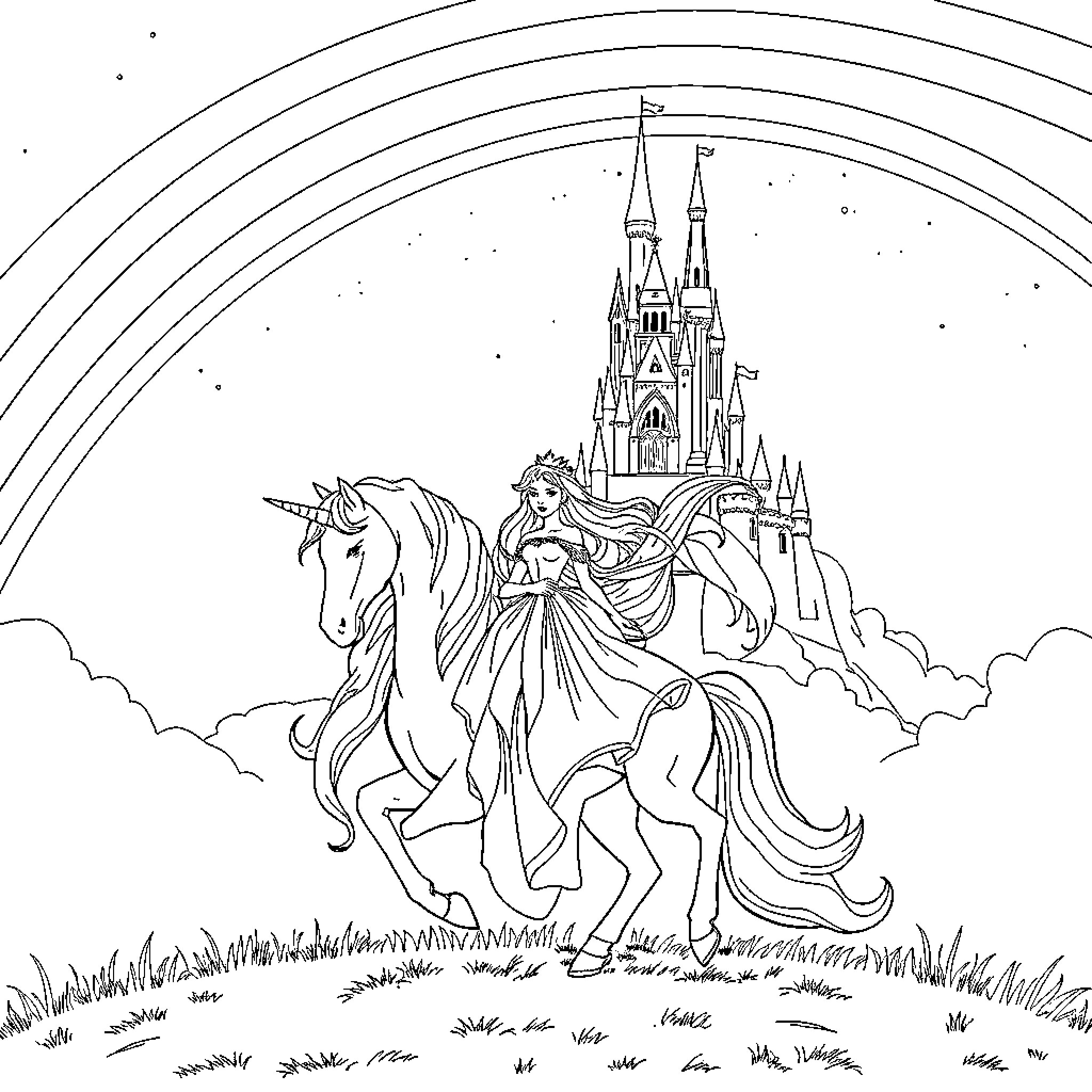 Princess riding unicorn towards magical castle Coloring Page (free black-and-white line drawing printable PDF for all, from beginners to advanced learners, including children, teens, adults, and seniors)
