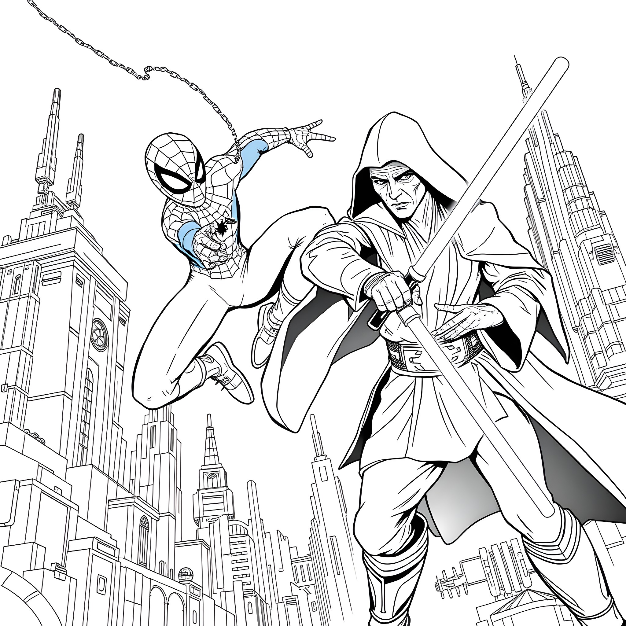 Spiderman swinging through the city with a mysterious figure Coloring Page (free black-and-white line drawing printable PDF for all, from beginners to advanced learners, including children, teens, adults, and seniors)