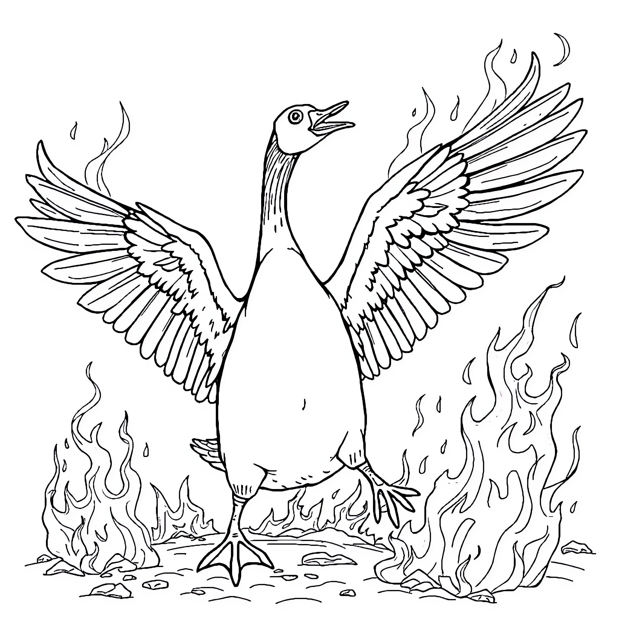Goose spreading its wings amidst fire and flames Coloring Page (free black-and-white line drawing printable PDF for all, from beginners to advanced learners, including children, teens, adults, and seniors)