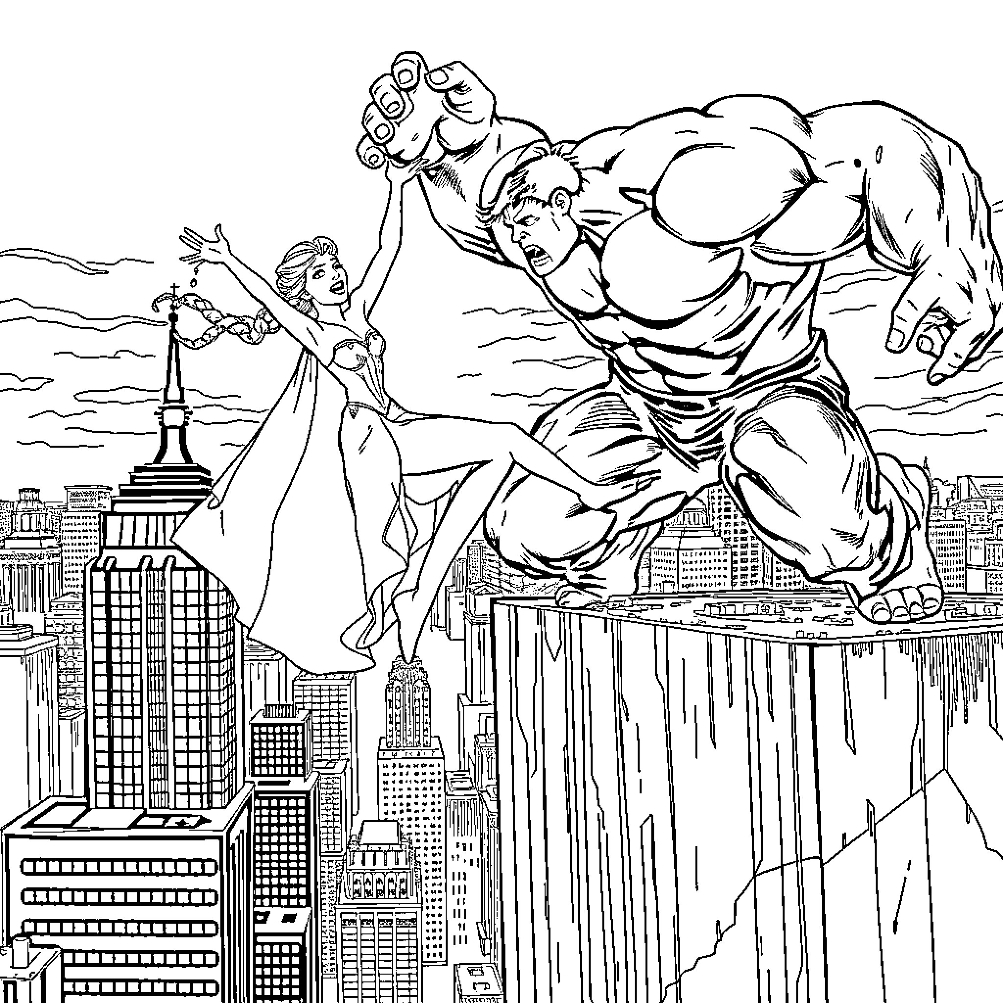 Elsa's Incredible Encounter with a Heroic Titan Coloring Page (free black-and-white line drawing printable PDF for all, from beginners to advanced learners, including children, teens, adults, and seniors)