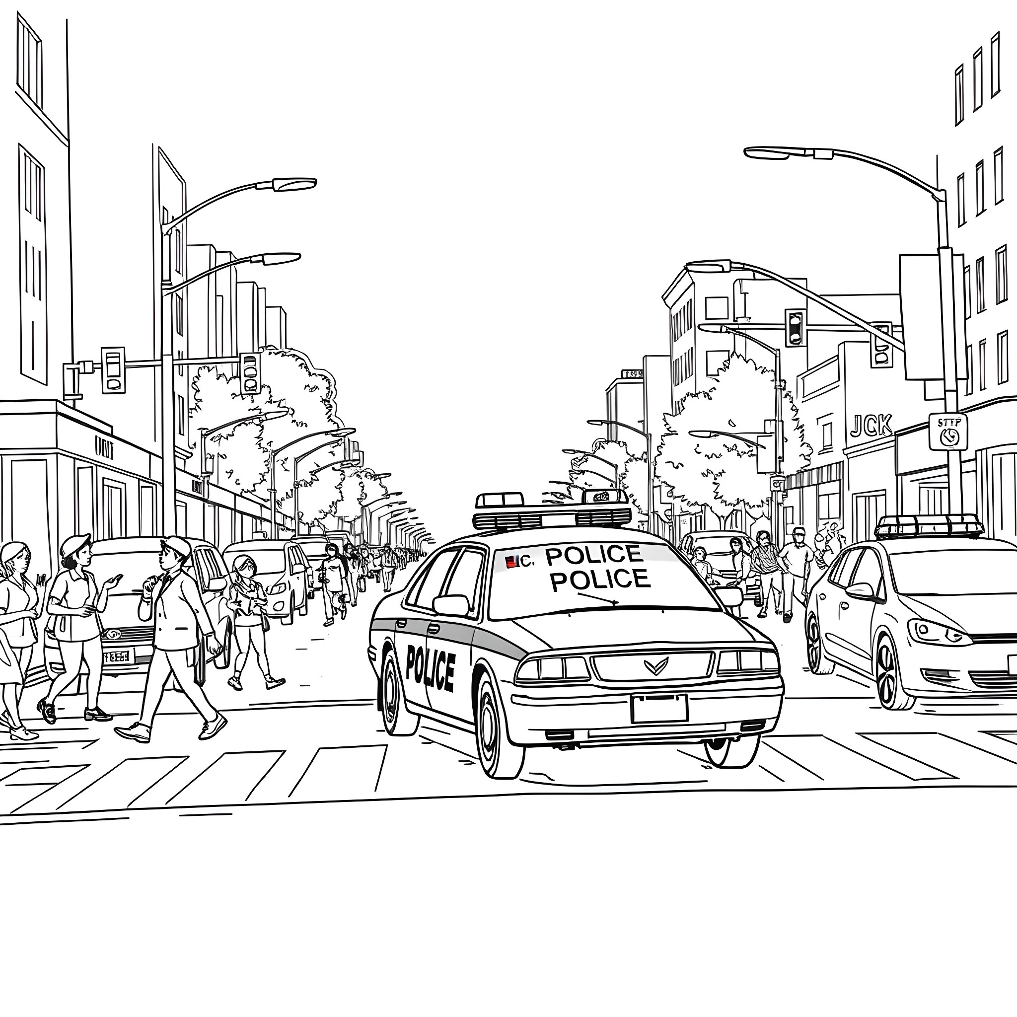Police Car Responding to Emergency in Busy City Street Coloring Page (free black-and-white line drawing printable PDF for all, from beginners to advanced learners, including children, teens, adults, and seniors)