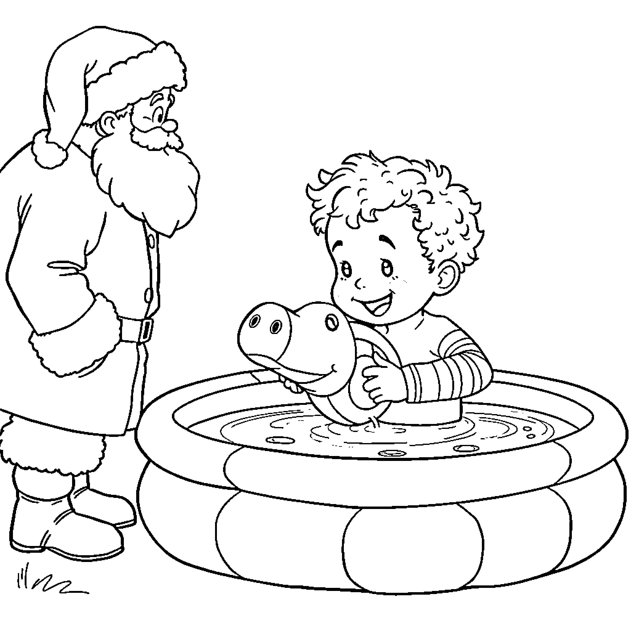 Santa and Child Playing with Toy in Inflatable Pool Coloring Page (free black-and-white line drawing printable PDF for all, from beginners to advanced learners, including children, teens, adults, and seniors)