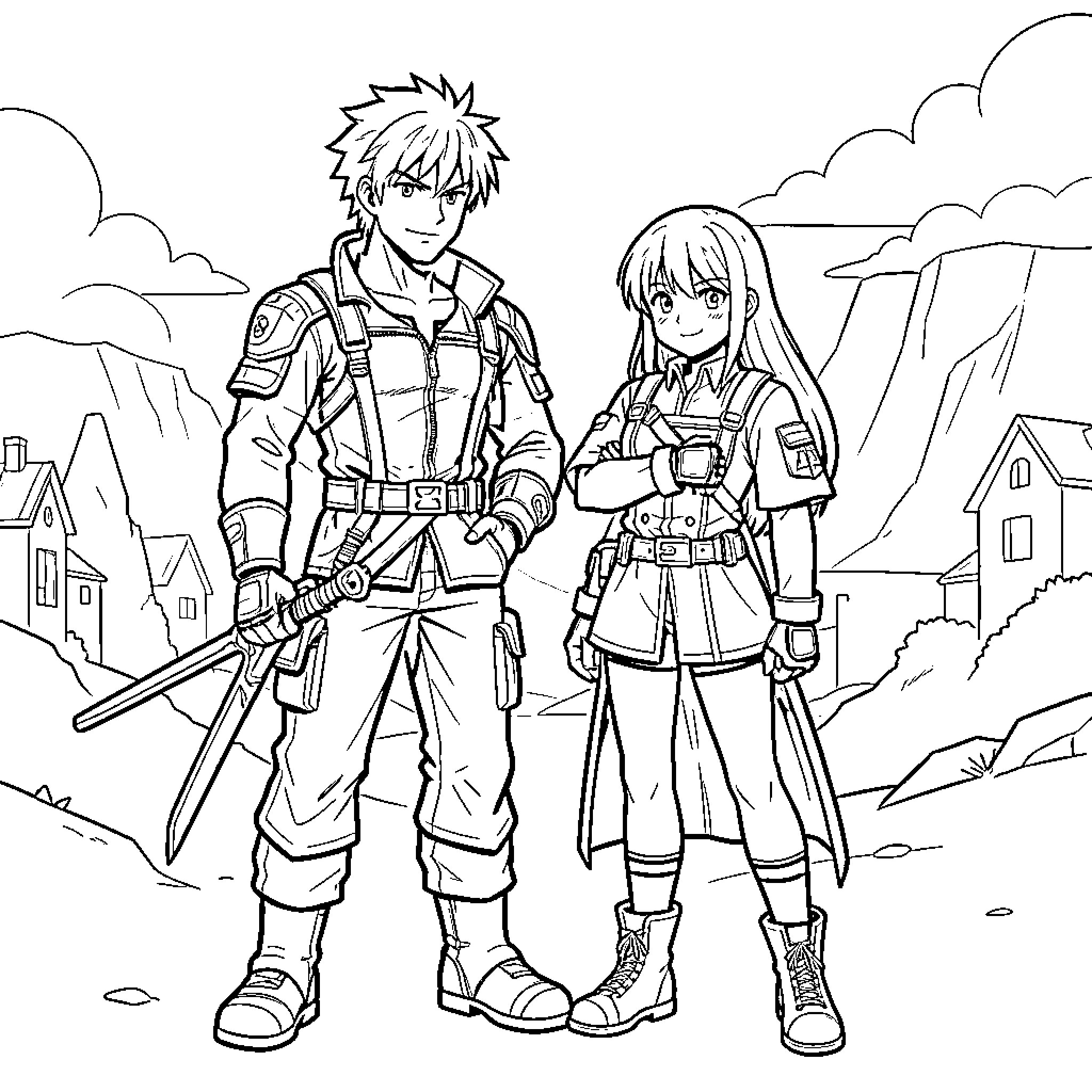 Kamina and companion standing together in a mountainous landscape Coloring Page (free black-and-white line drawing printable PDF for all, from beginners to advanced learners, including children, teens, adults, and seniors)