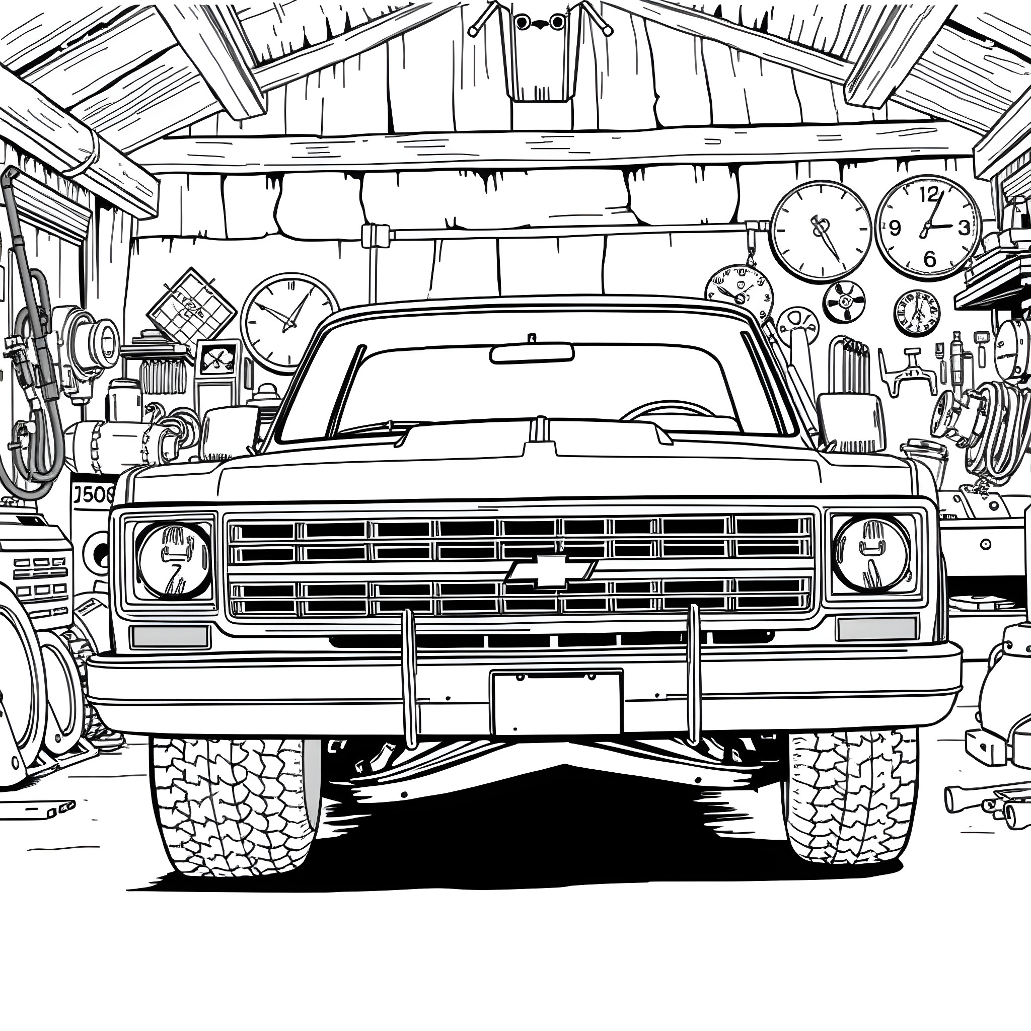 Chevy C10 in a Cluttered Garage Coloring Page (free black-and-white line drawing printable PDF for all, from beginners to advanced learners, including children, teens, adults, and seniors)