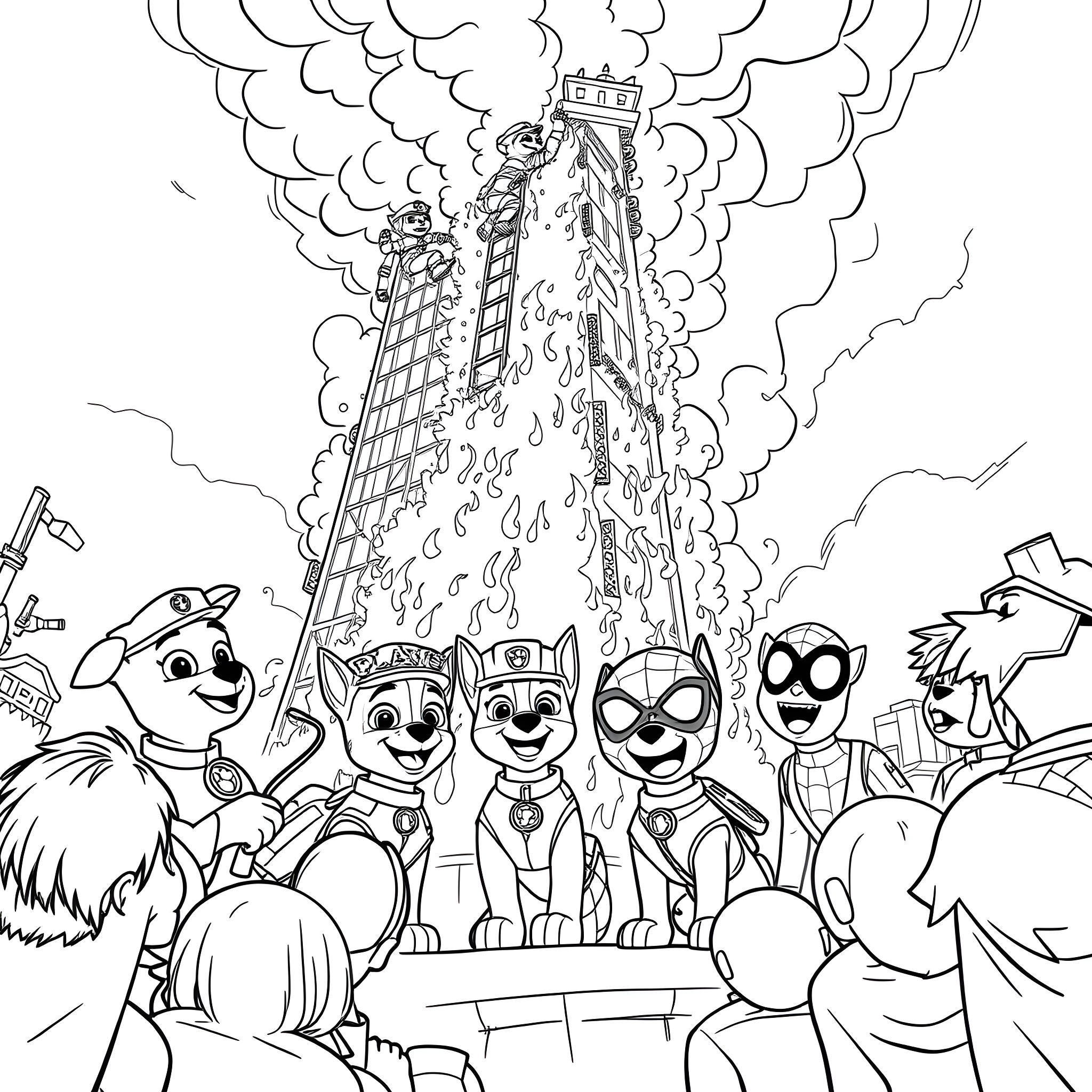 Paw Patrol heroically battling a burning tower Coloring Page (free black-and-white line drawing printable PDF for all, from beginners to advanced learners, including children, teens, adults, and seniors)