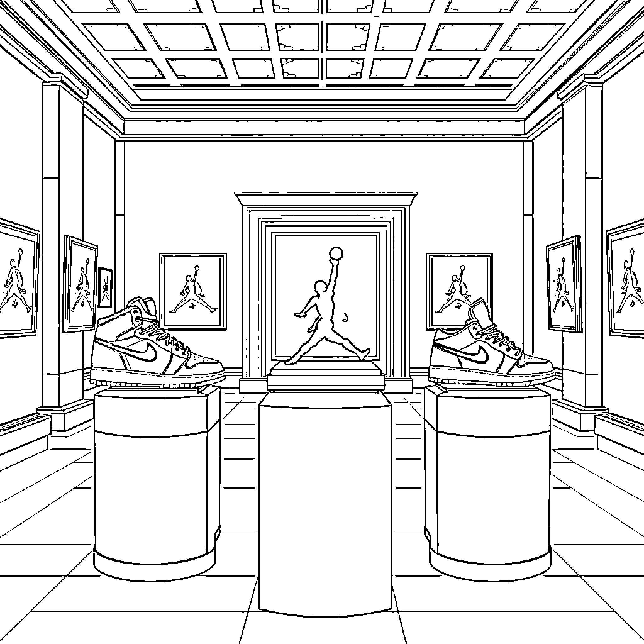 Air Jordan Exhibition of Iconic Basketball Shoes Coloring Page (free black-and-white line drawing printable PDF for all, from beginners to advanced learners, including children, teens, adults, and seniors)