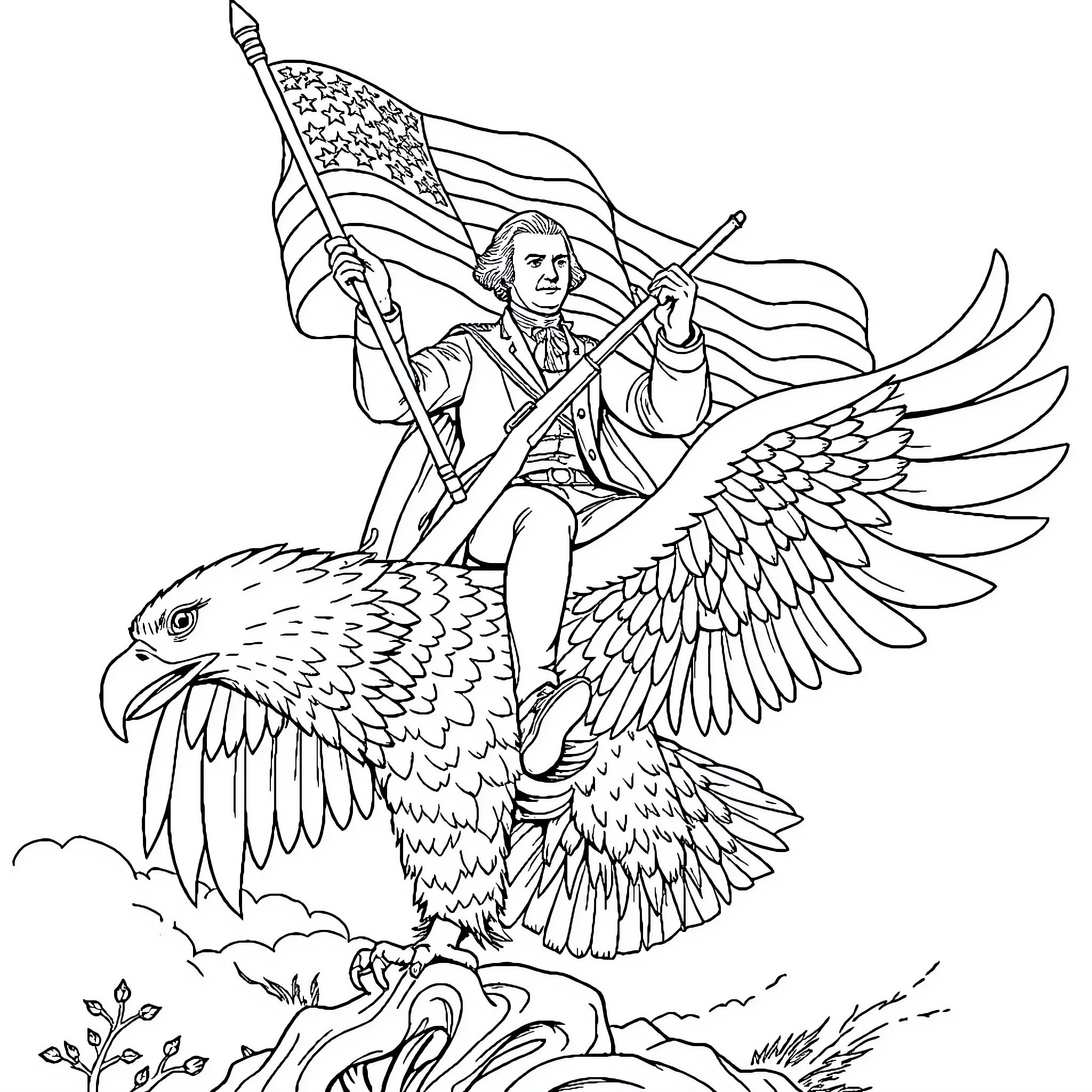 George Washington riding a majestic eagle with American flag Coloring Page (free black-and-white line drawing printable PDF for all, from beginners to advanced learners, including children, teens, adults, and seniors)