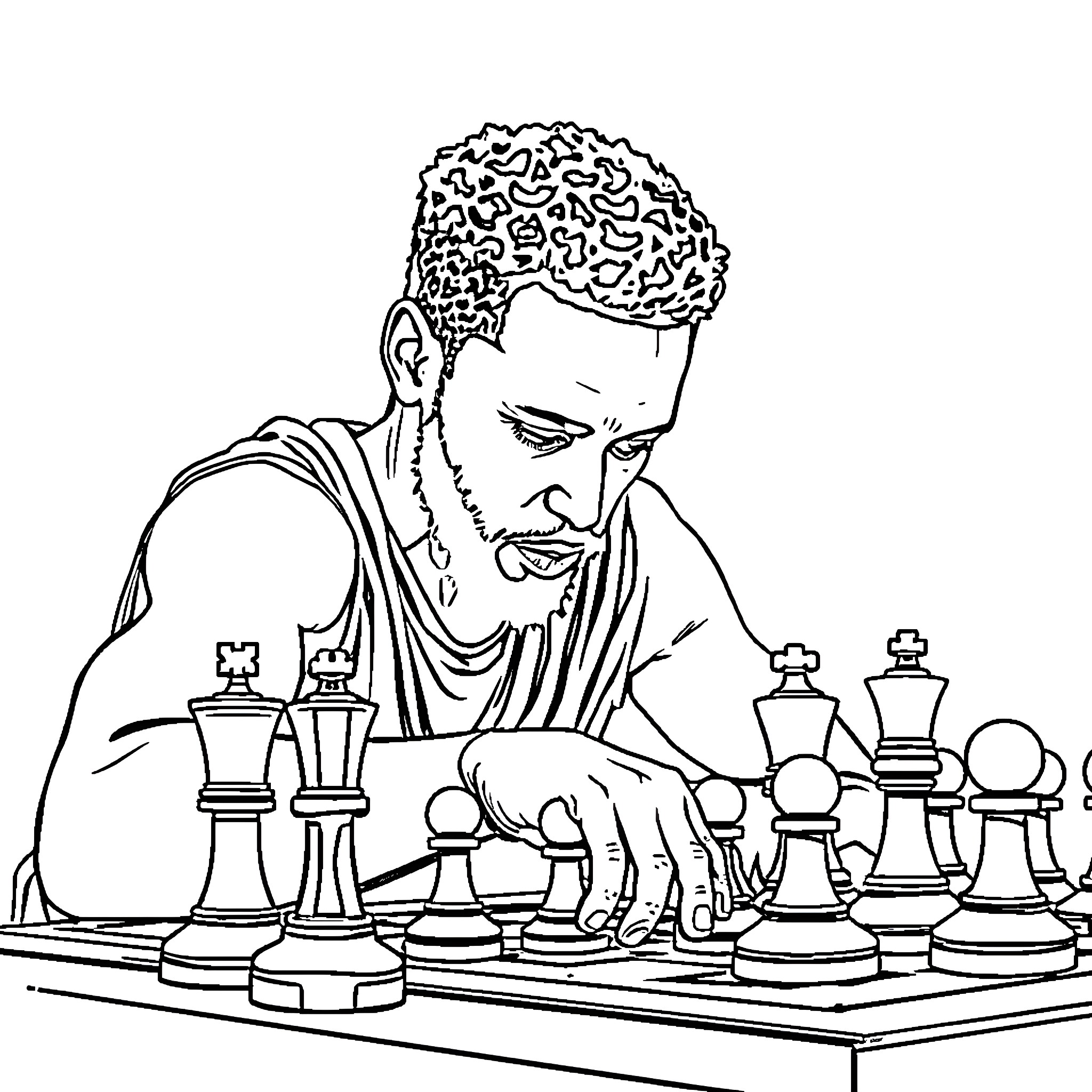 Steph Curry strategizing chess moves intently Coloring Page (free black-and-white line drawing printable PDF for all, from beginners to advanced learners, including children, teens, adults, and seniors)